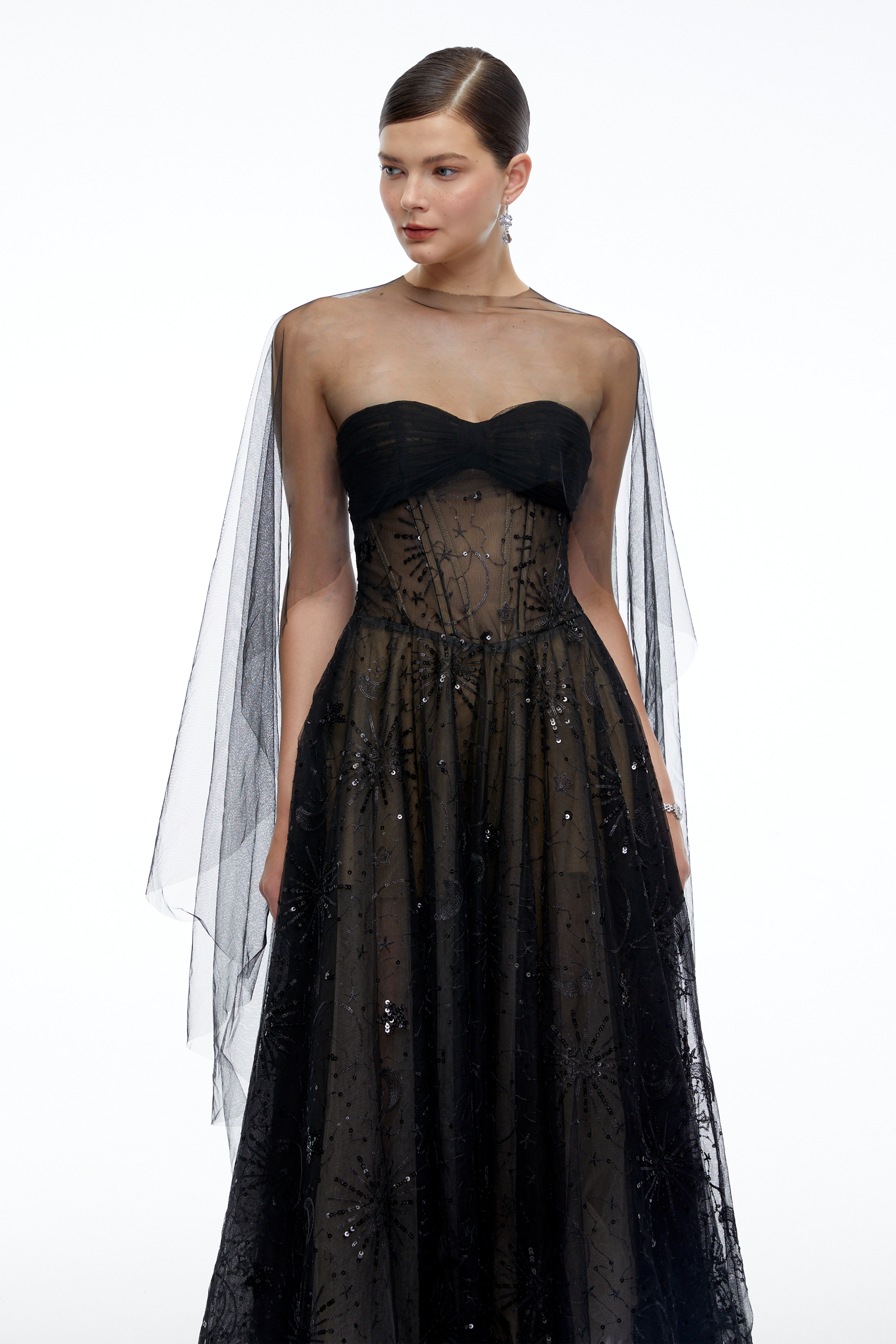 Celestine Black Strapless Corset Midi Dress with Shawl