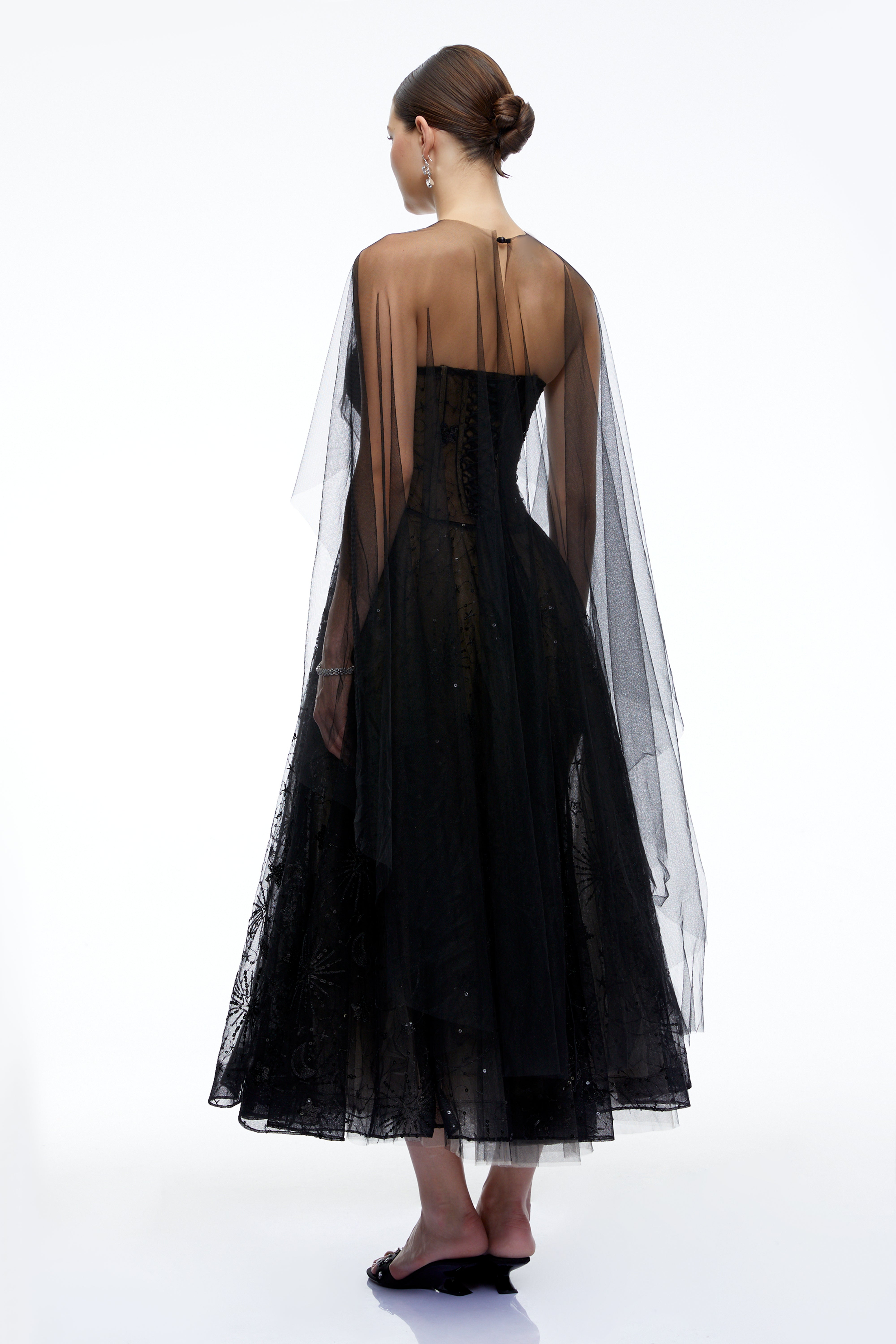 Celestine Black Strapless Corset Midi Dress with Shawl