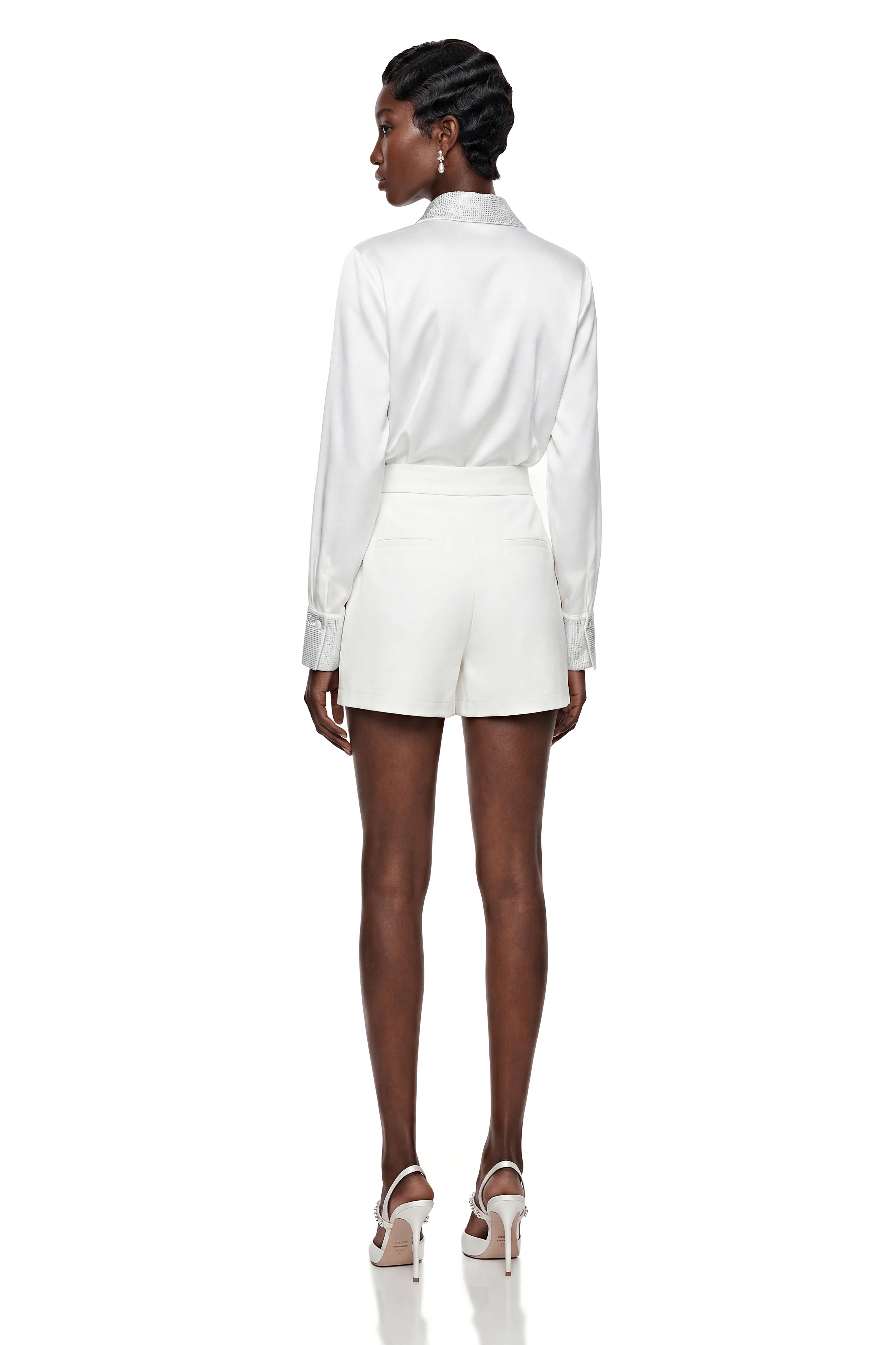 Celestine White Sequin Blouse with Lapel Collar