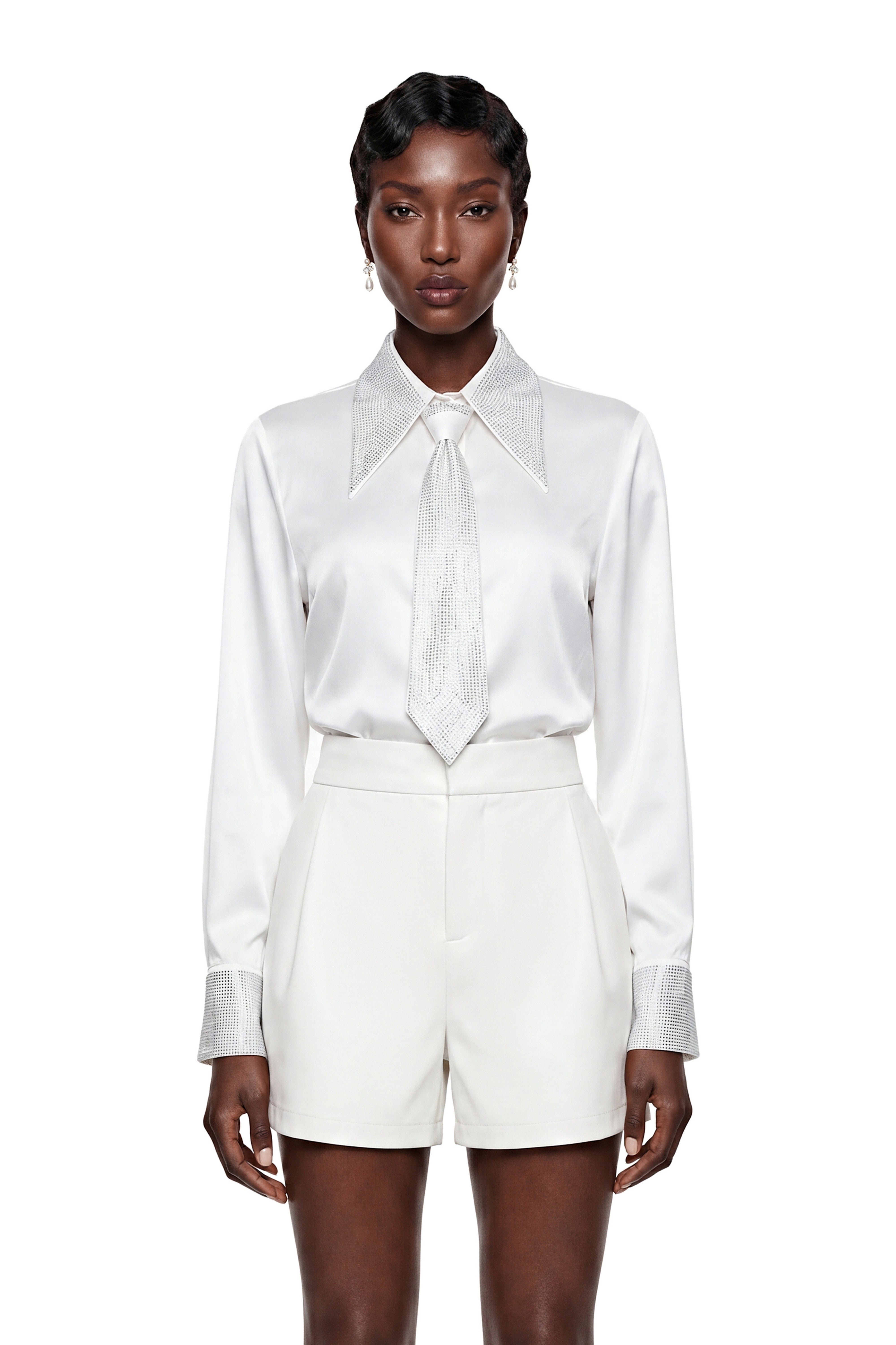Celestine White Sequin Blouse with Lapel Collar