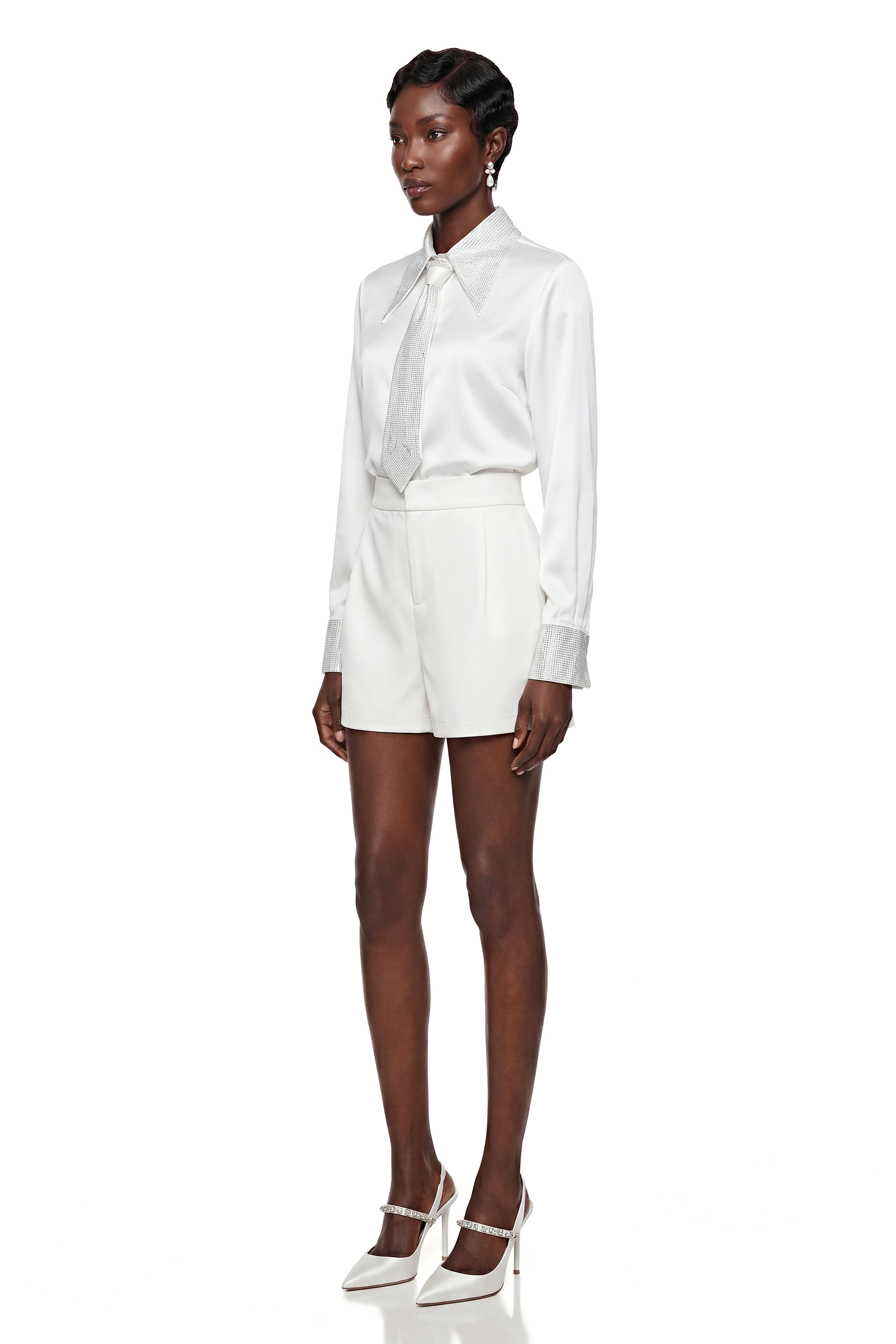 Celestine White Sequin Blouse with Lapel Collar