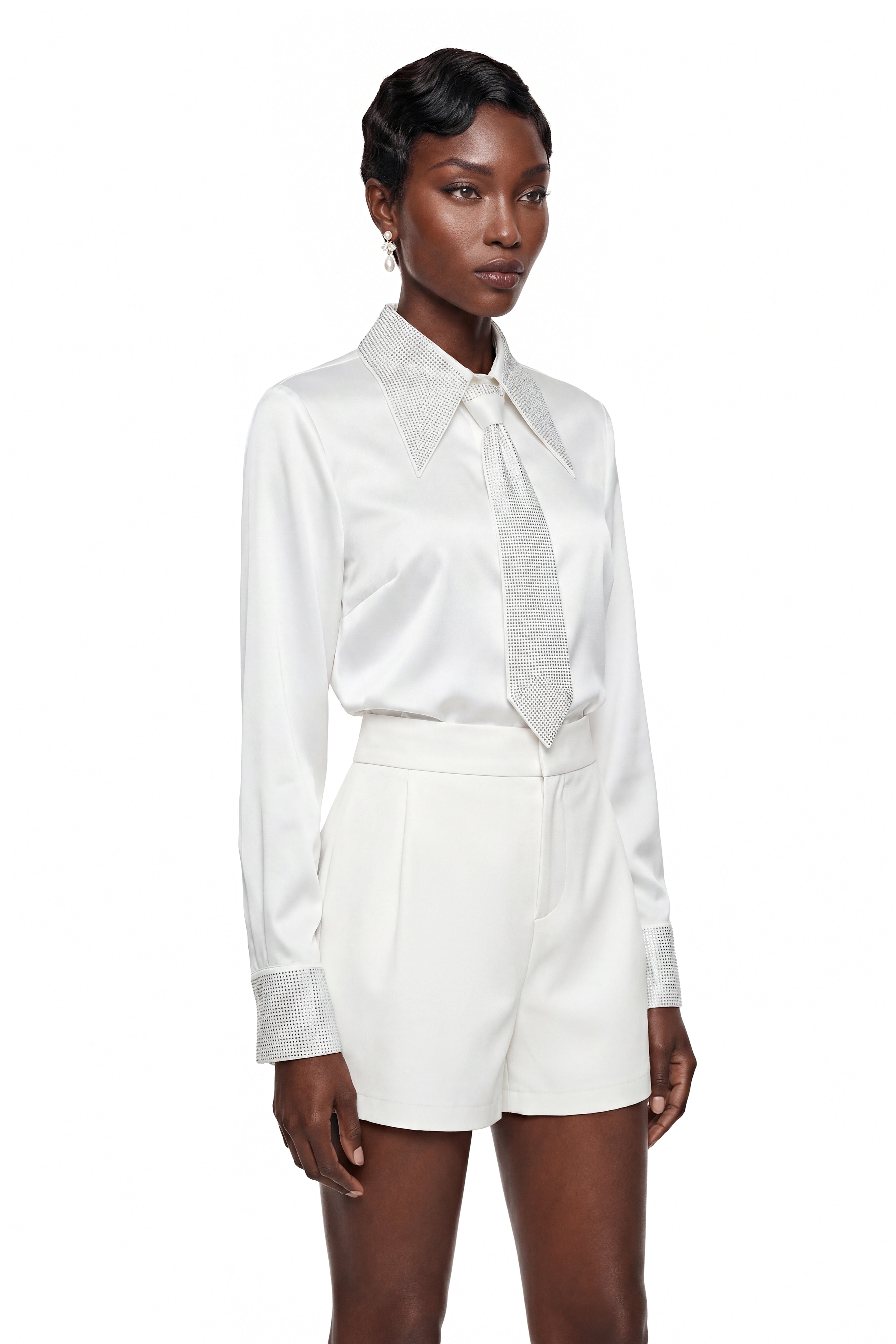 Celestine White Sequin Blouse with Lapel Collar