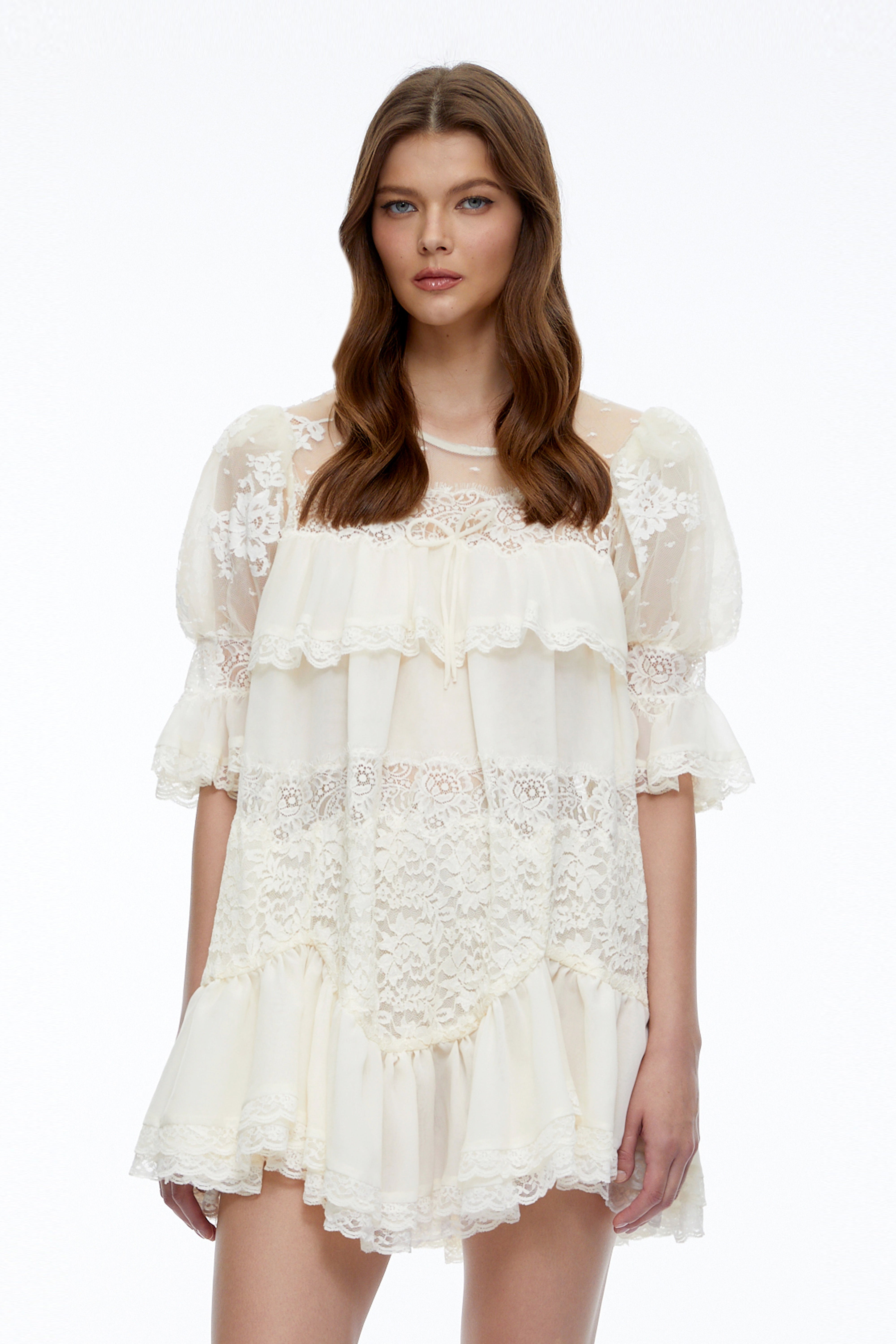 Celinda Cream Lace Ruffled Mini Dress