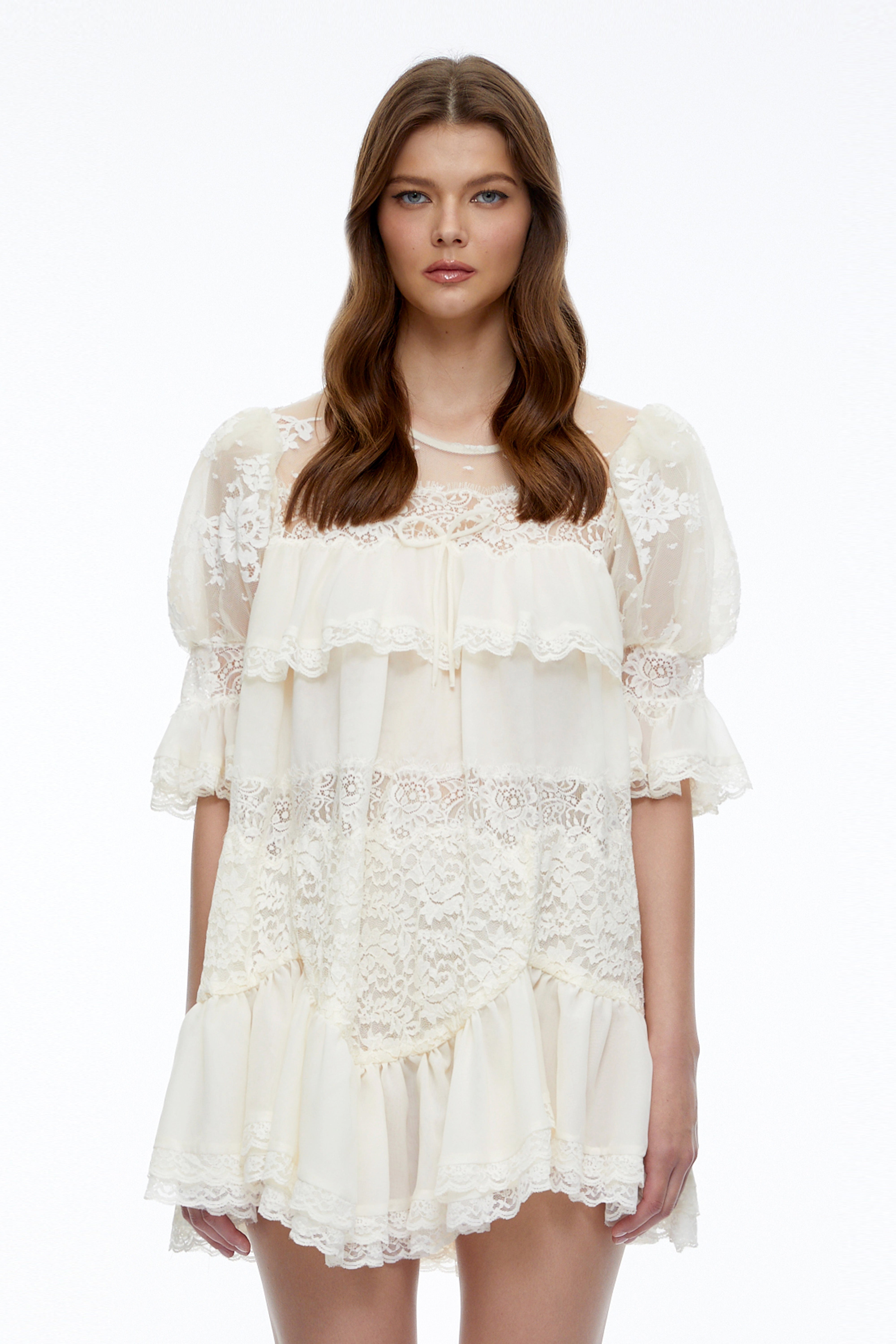 Celinda Cream Lace Ruffled Mini Dress