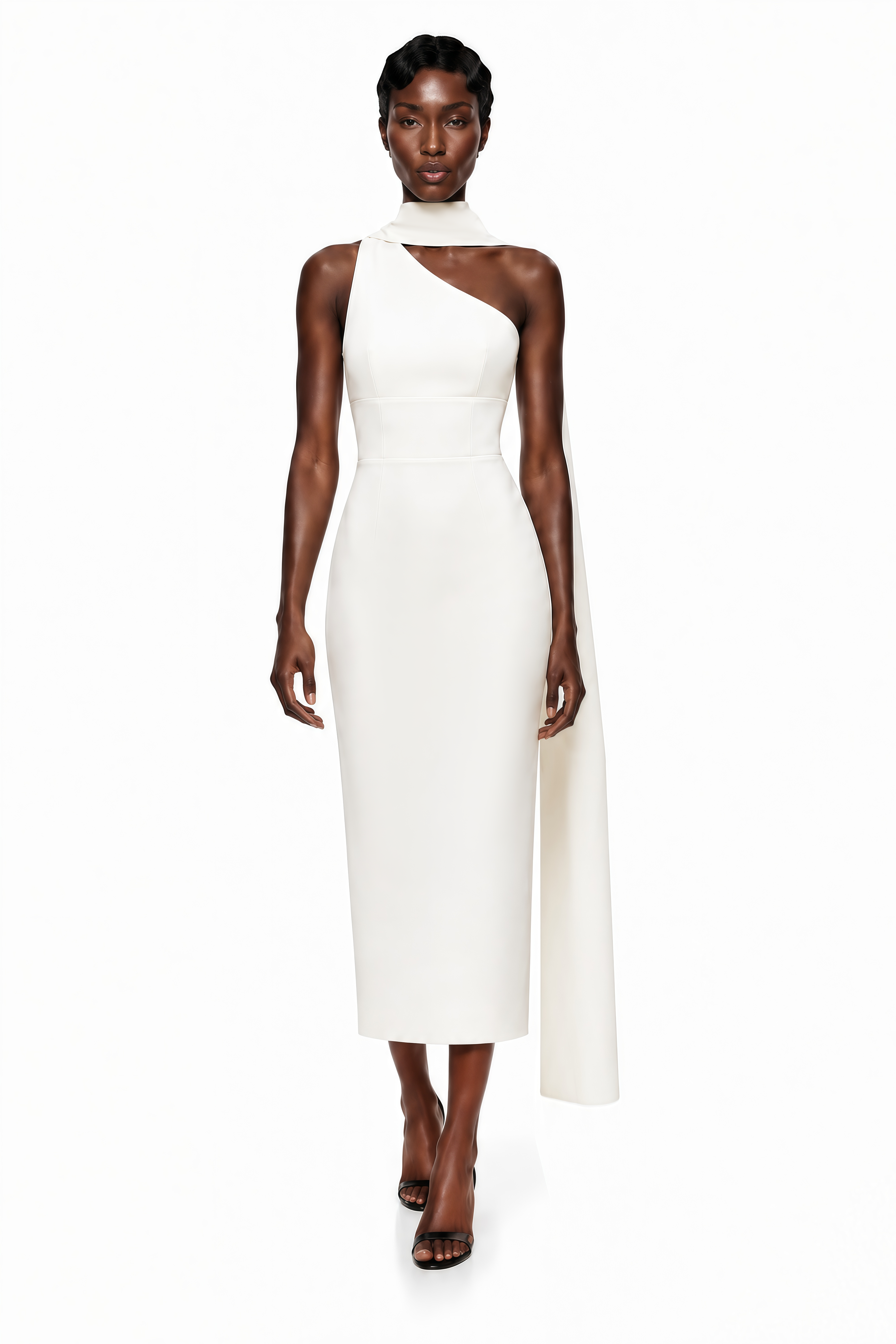 Cennet White One Shoulder Midi Dress with Cape (Final Sale-US Only)