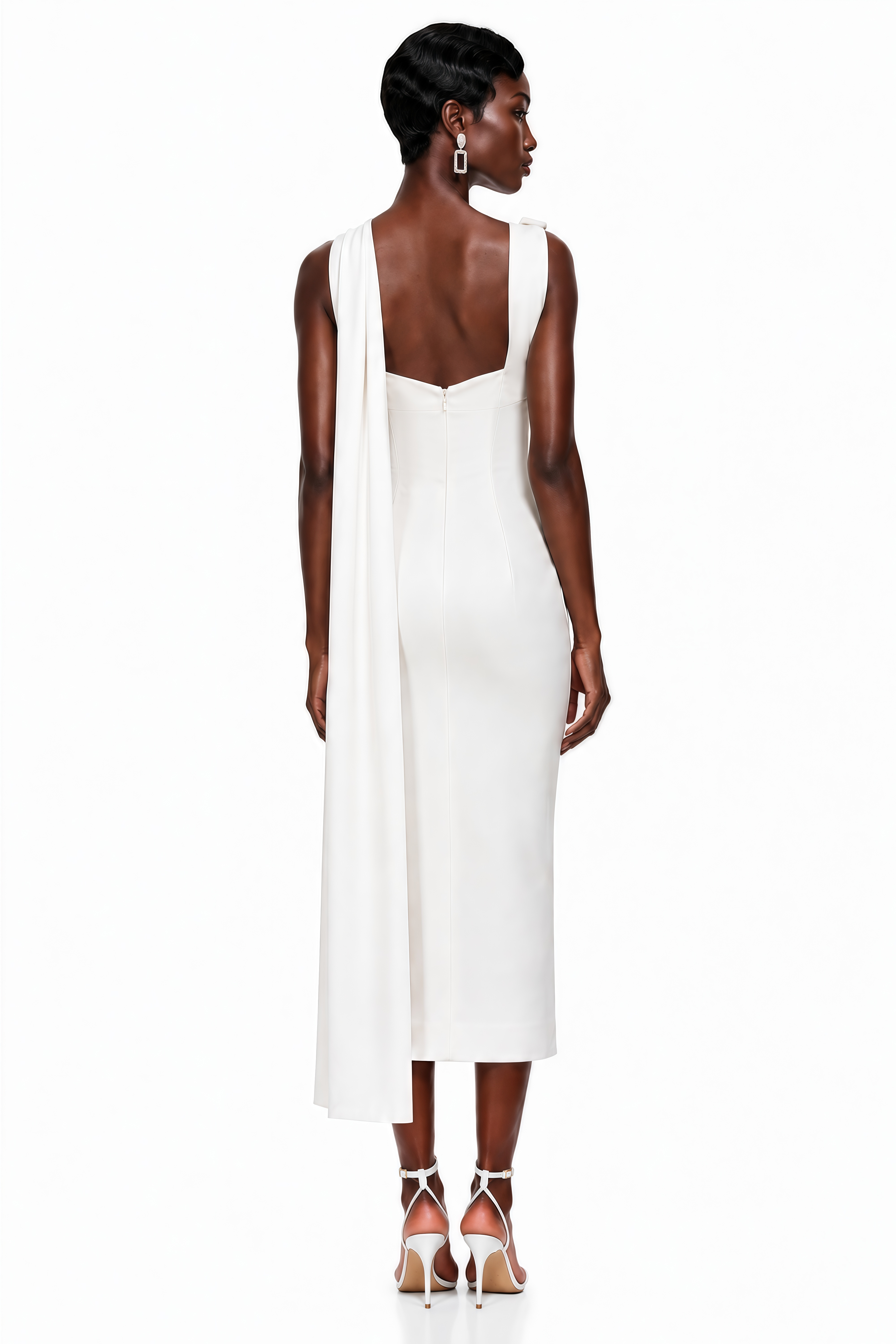 Cennet White One Shoulder Midi Dress with Cape (Final Sale-US Only)