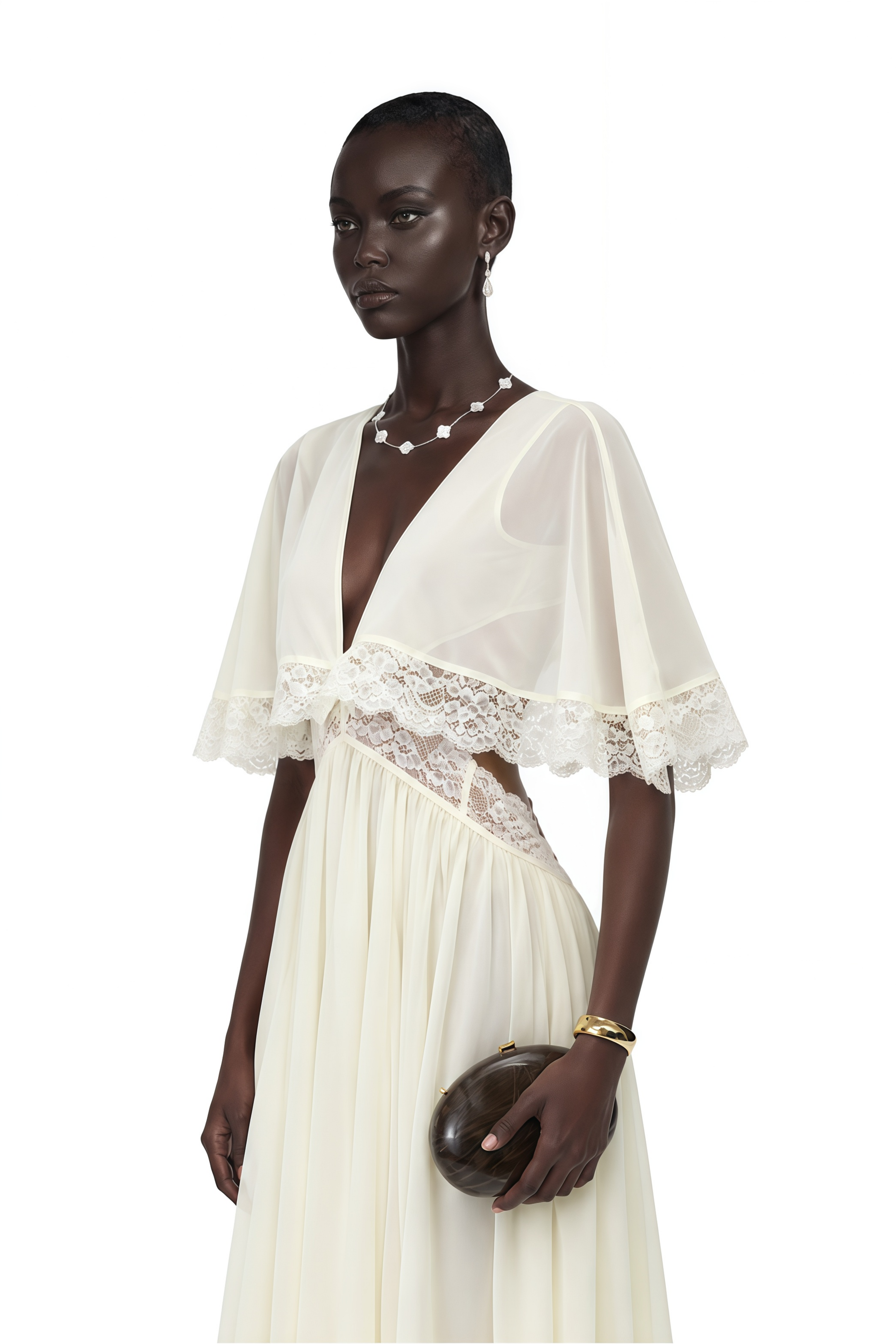 Charissa White Cape Sleeve Maxi Dress with Lace Trim