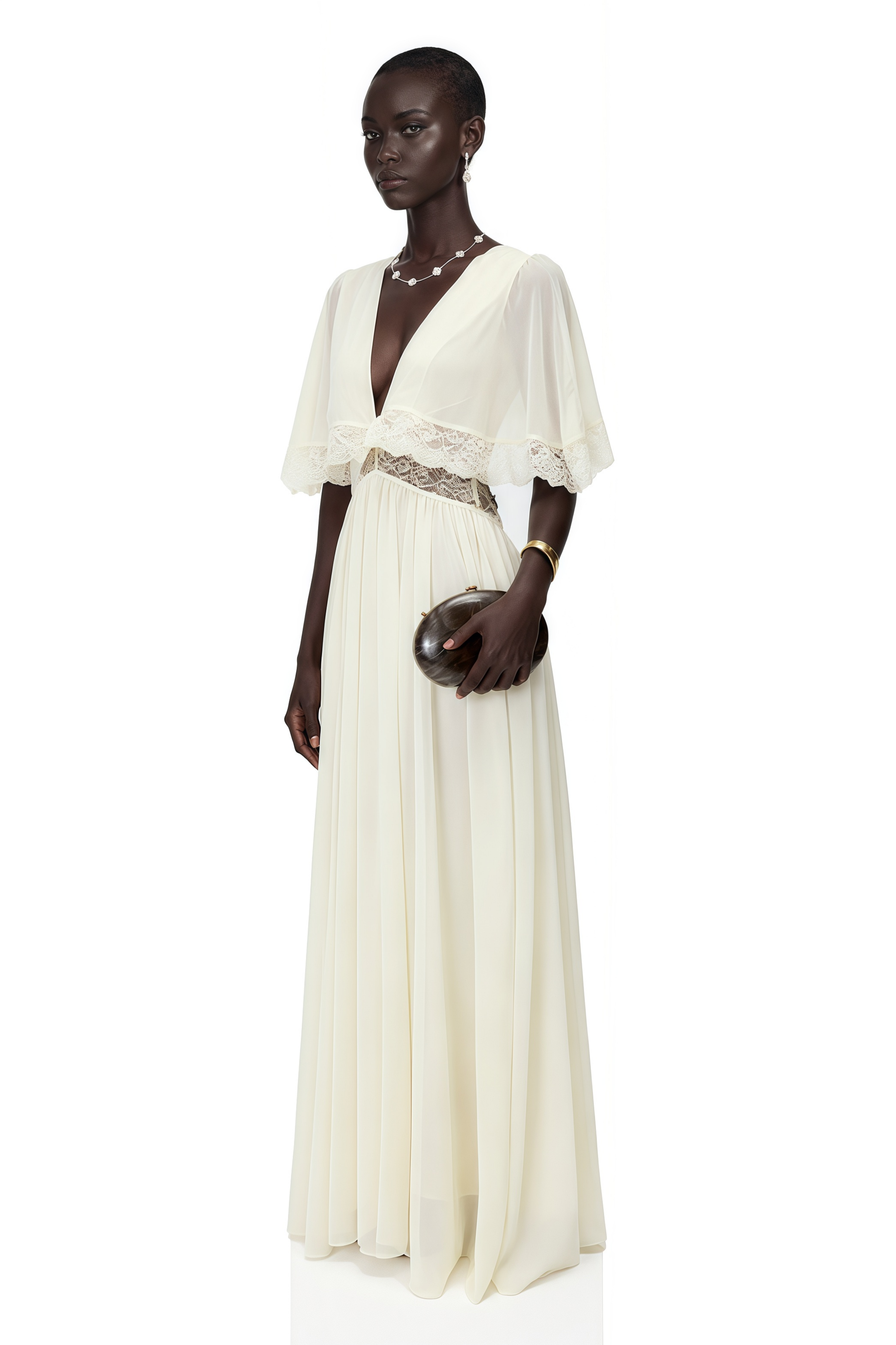 Charissa White Cape Sleeve Maxi Dress with Lace Trim