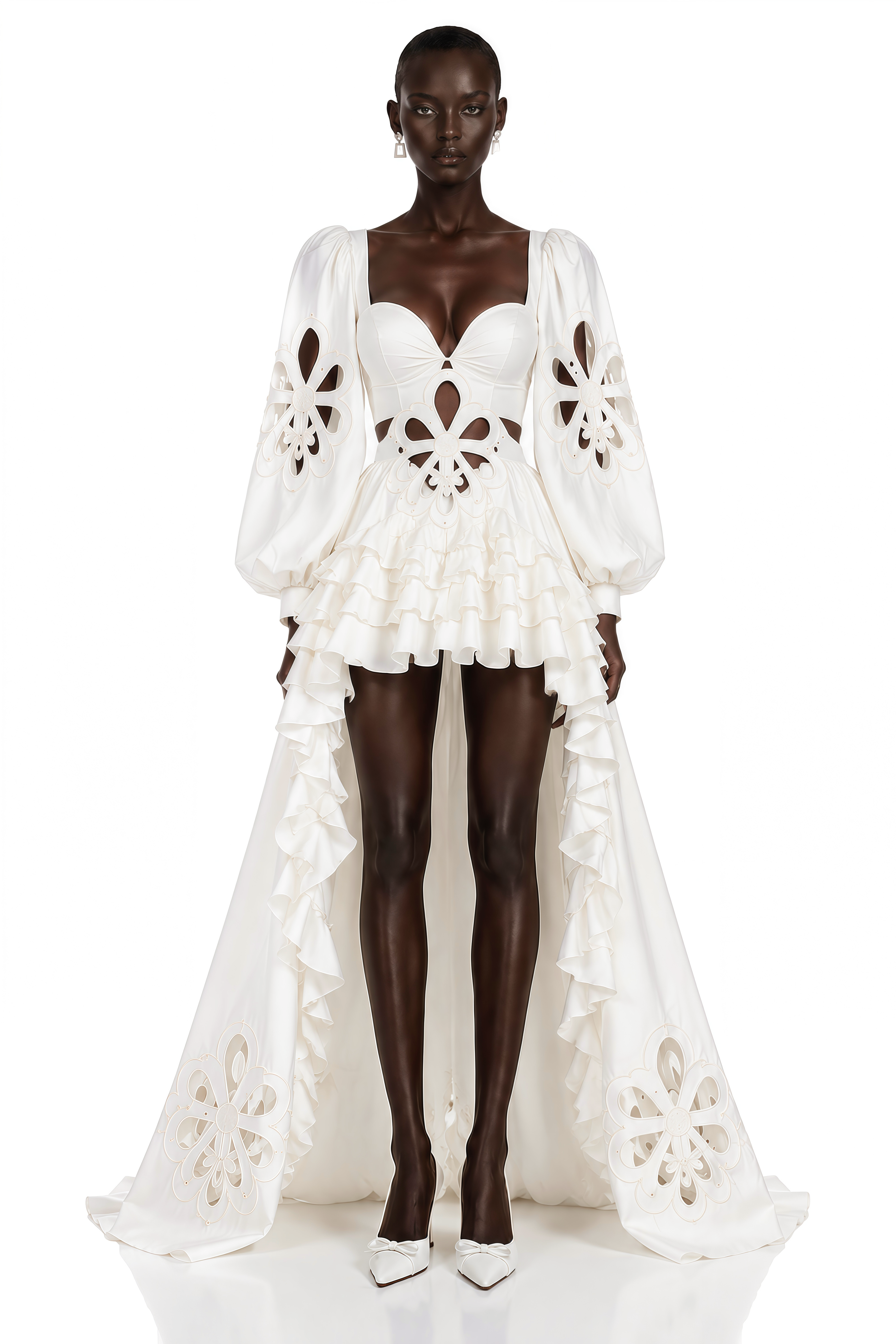 Robe blanche à volants asymétriques avec découpes