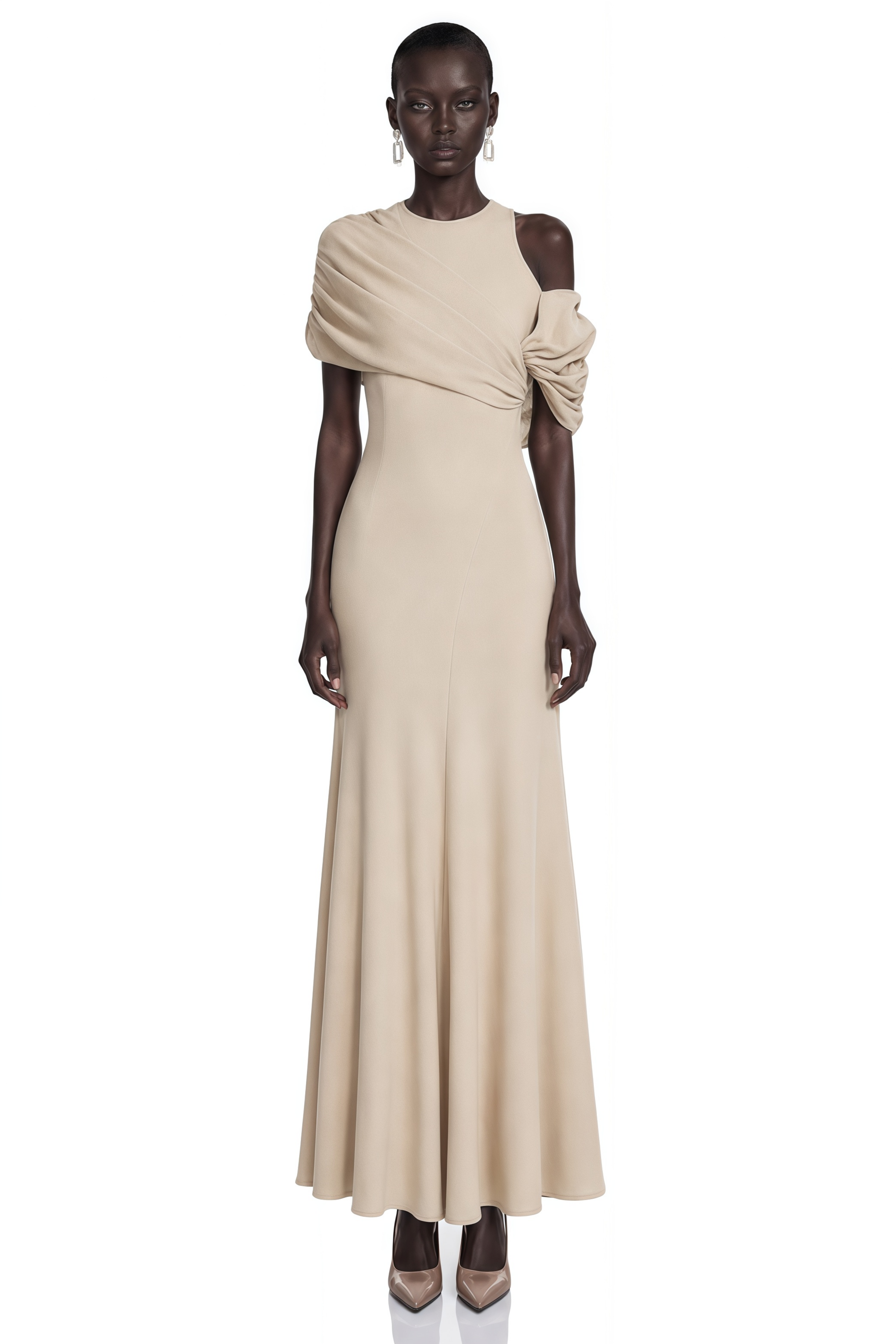 Charlotte Khaki Draped Asymmetrical Maxi Dress