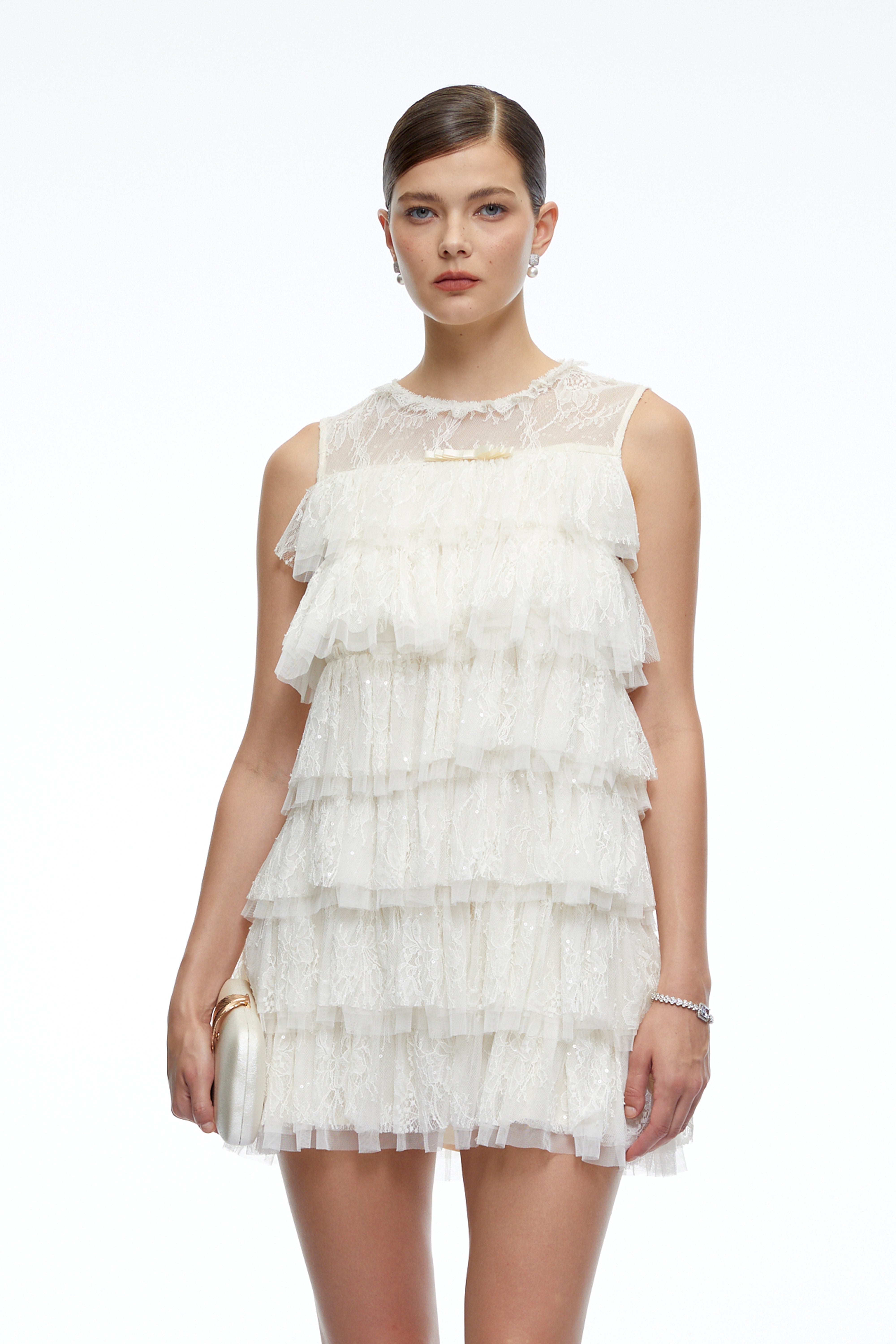 Chloe Neutral Tiered Textured Sleeveless Mini Dress