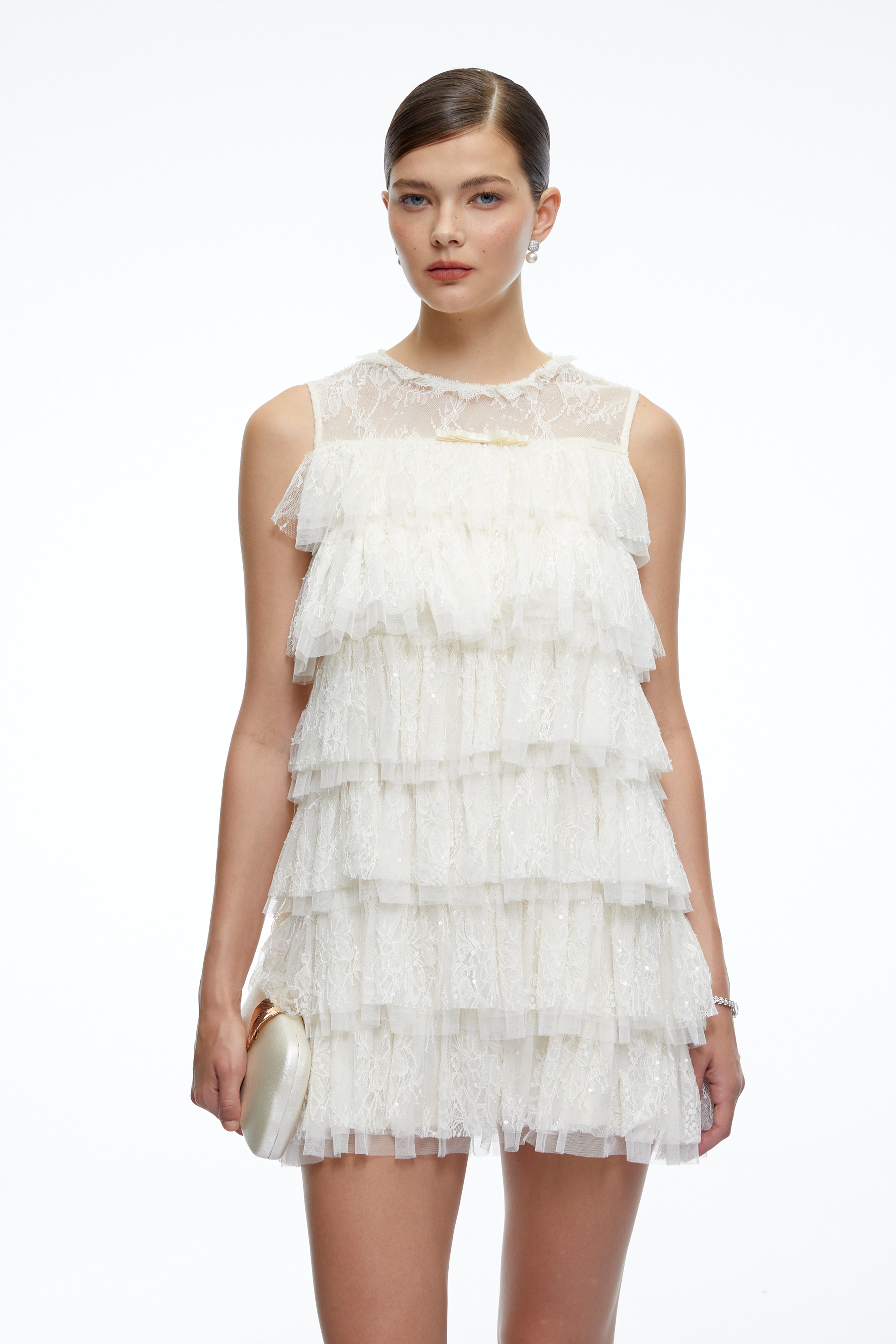 Chloe Neutral Tiered Textured Sleeveless Mini Dress
