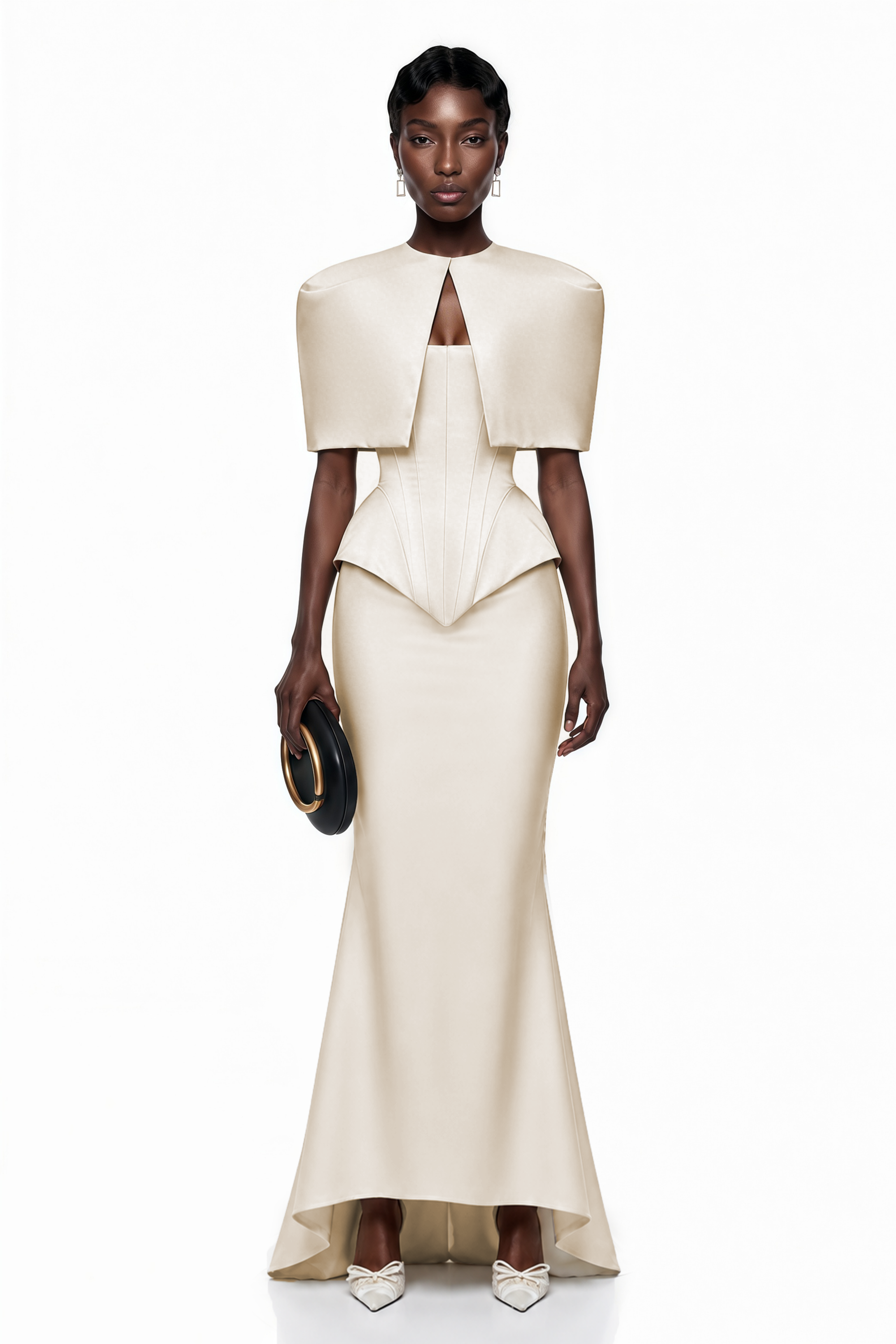 Cream structured gown with a matching bolero and a peplum bodice