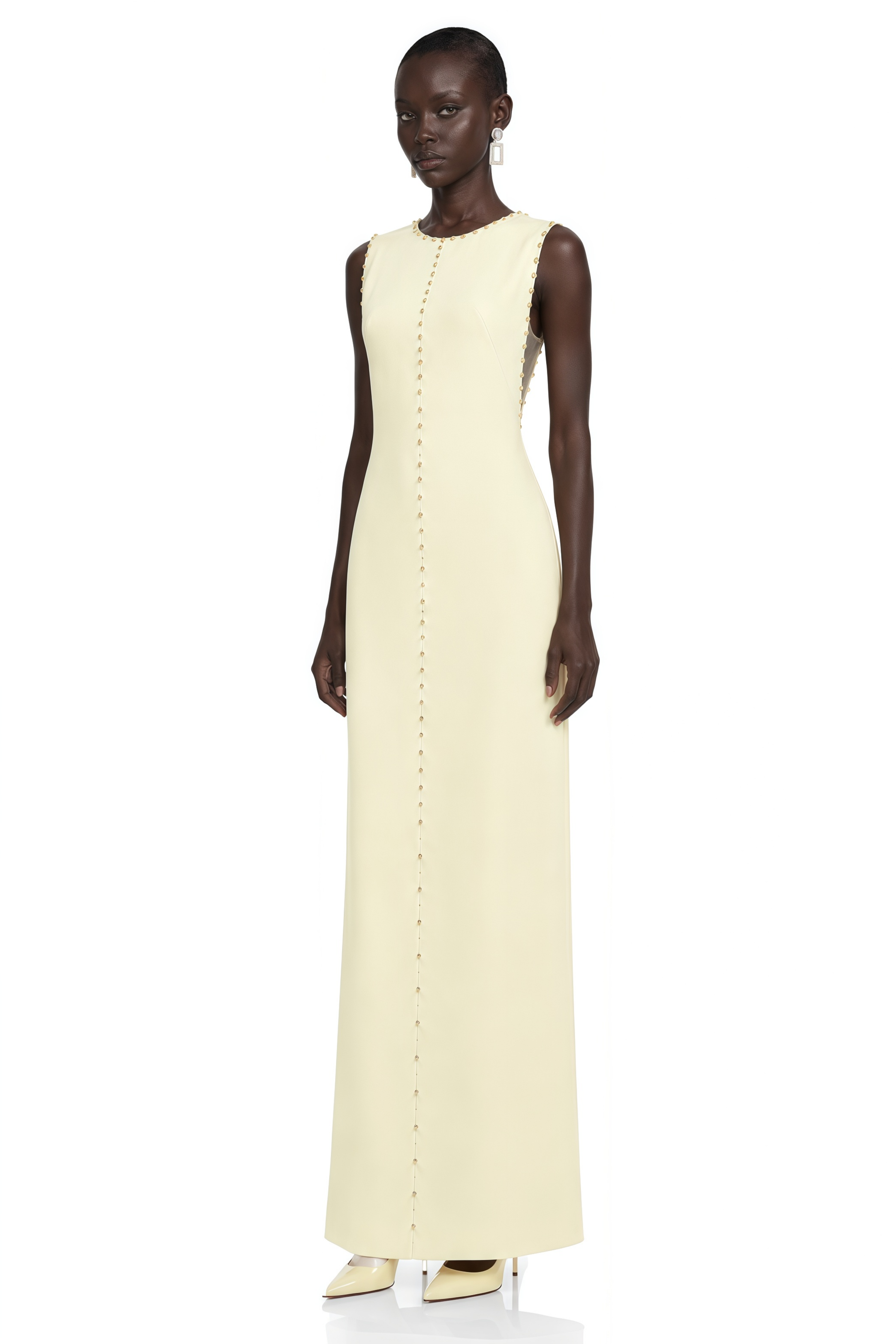 Clarisse Yellow Rhinestone Front A-Line Maxi Dress