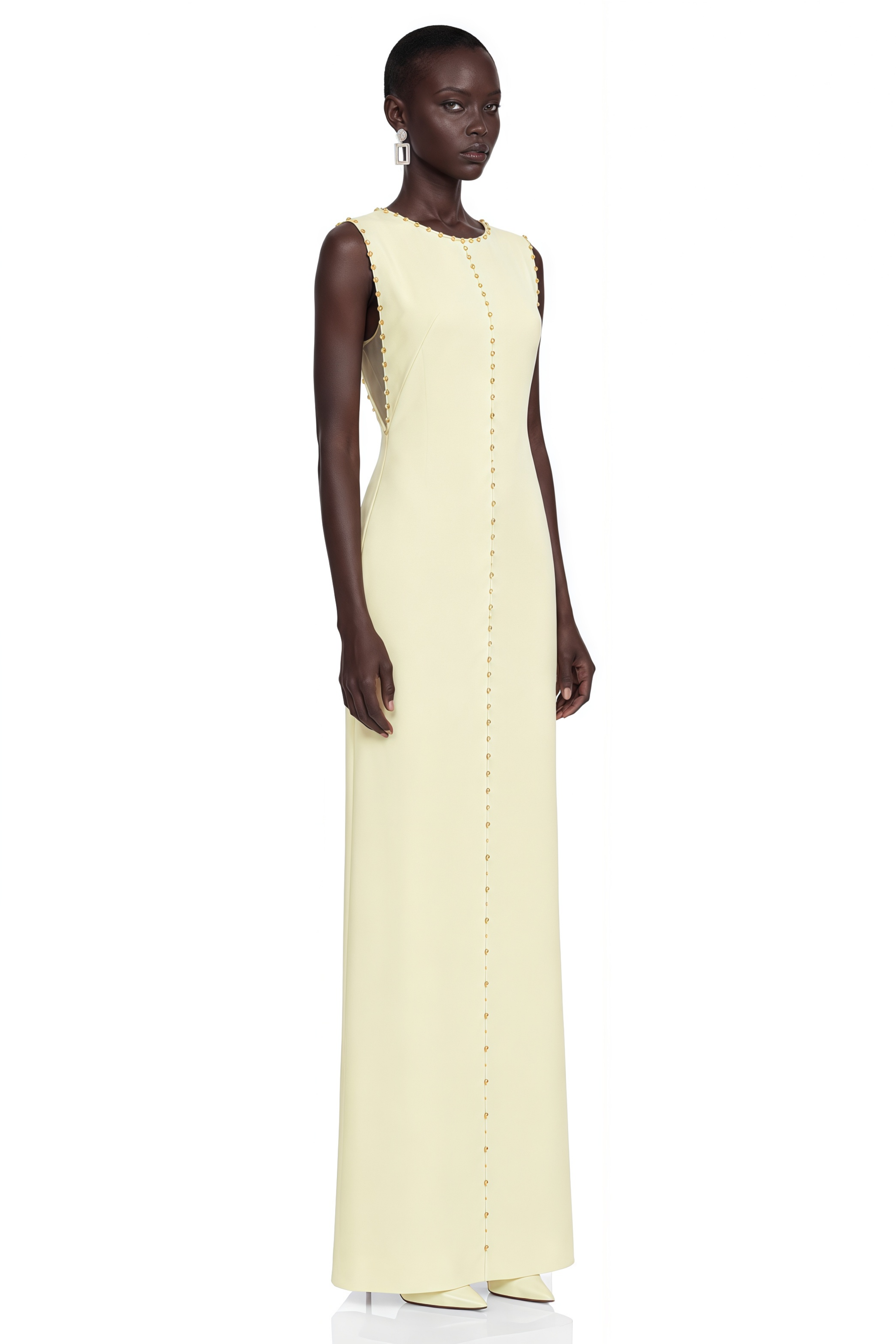 Clarisse Yellow Rhinestone Front A-Line Maxi Dress