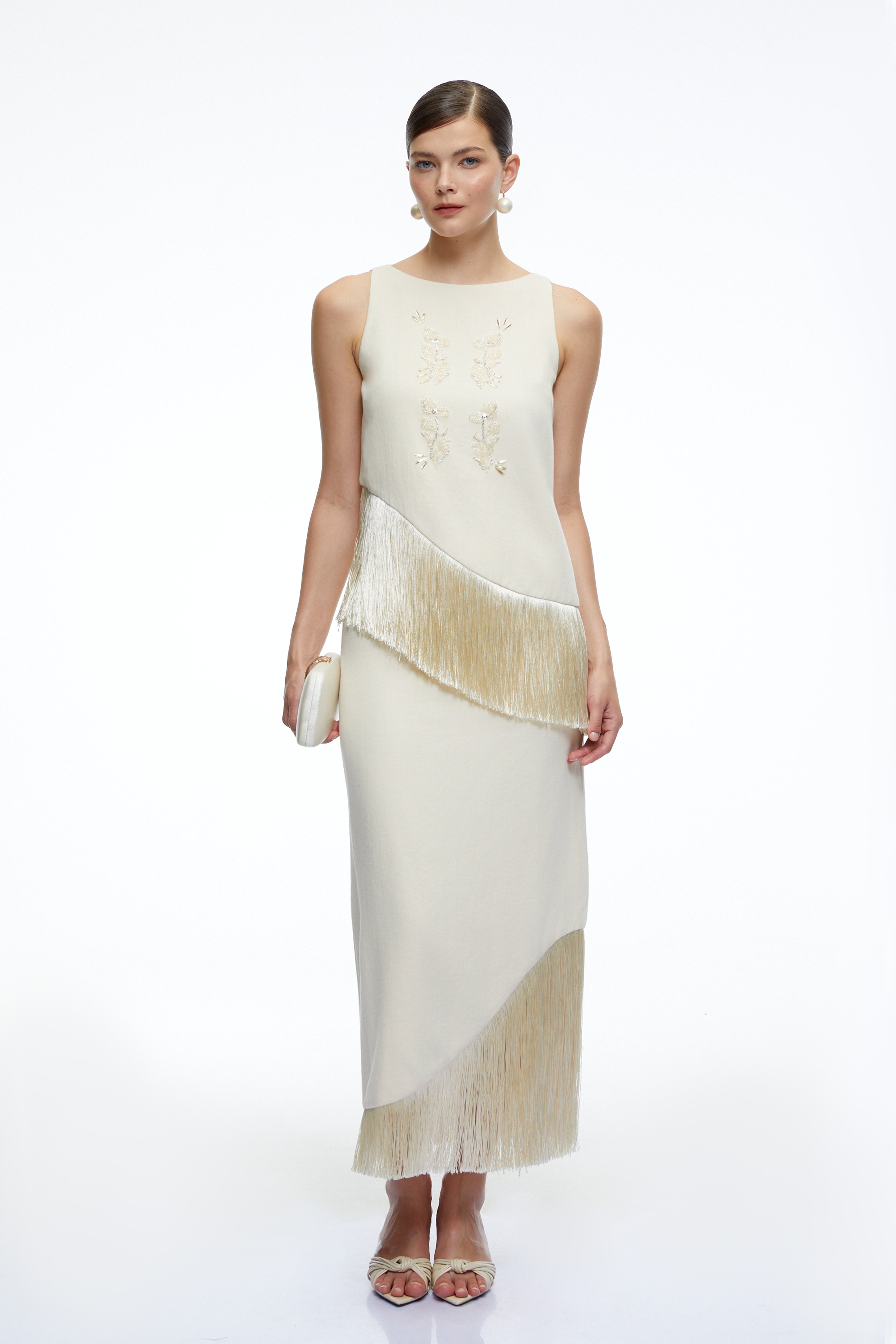 Clemence Neutral Sleeveless Top & Skirt Set with Fringe
