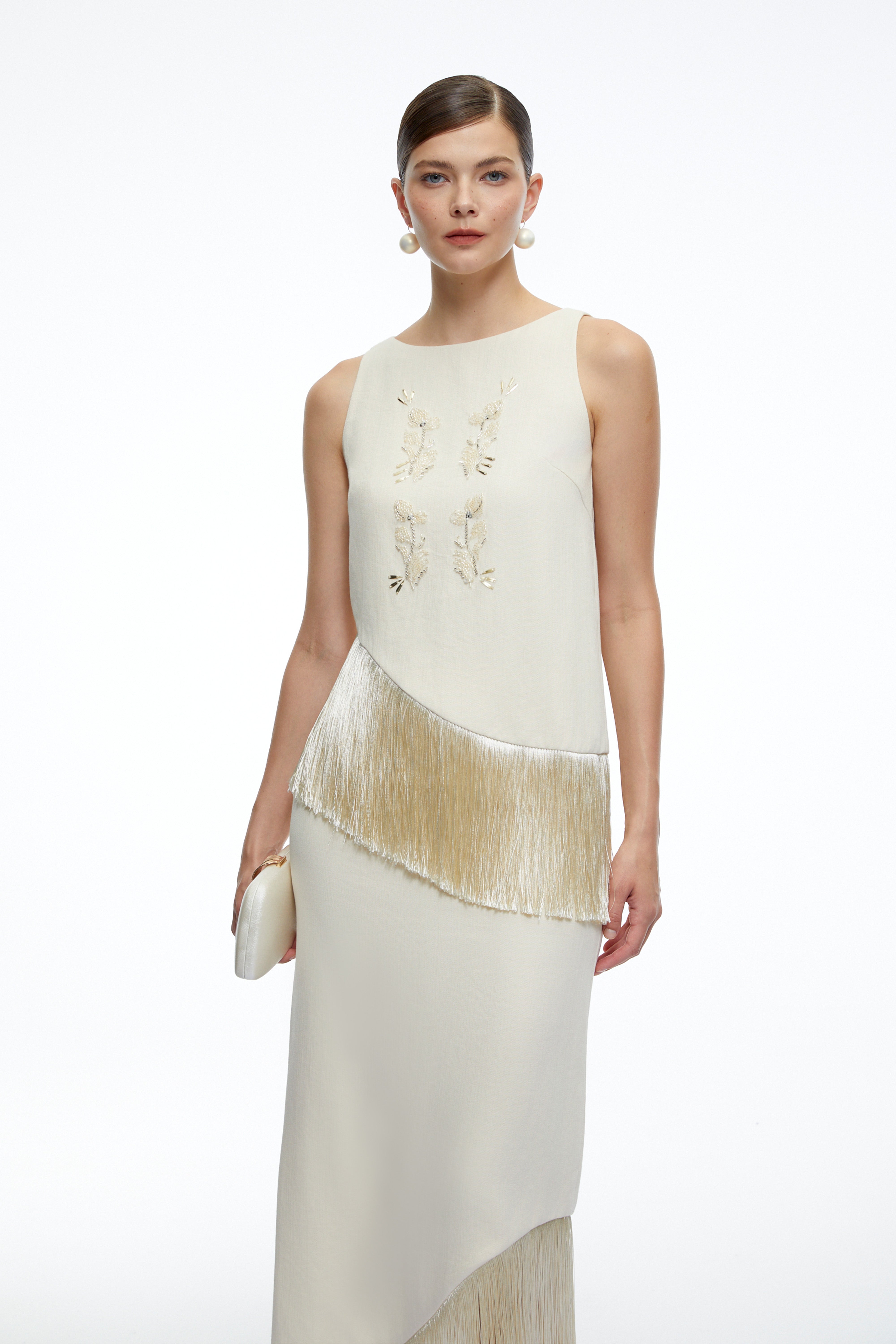 Clemence Neutral Sleeveless Top & Skirt Set with Fringe
