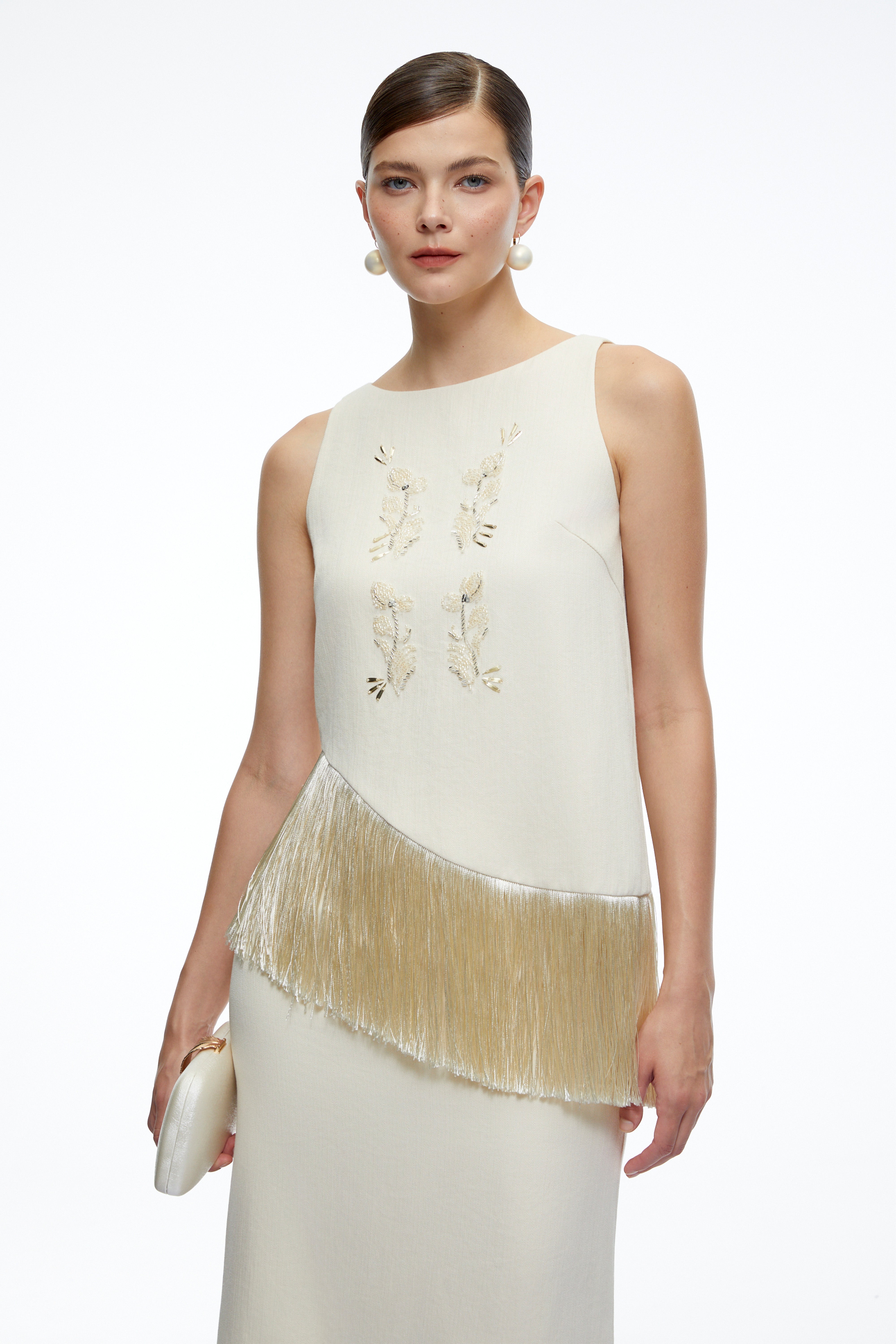 Clemence Neutral Sleeveless Top & Skirt Set with Fringe