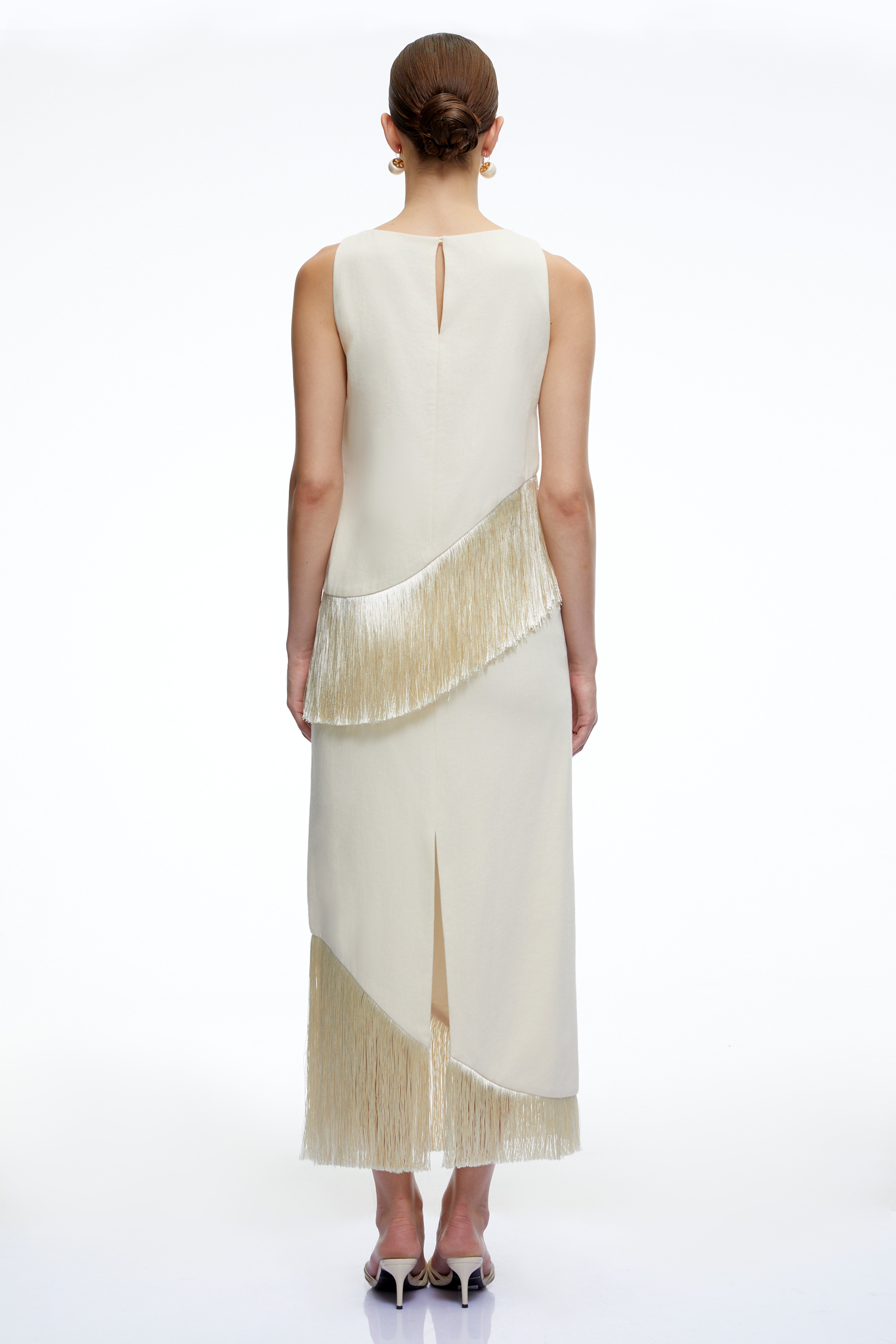 Clemence Neutral Sleeveless Top & Skirt Set with Fringe