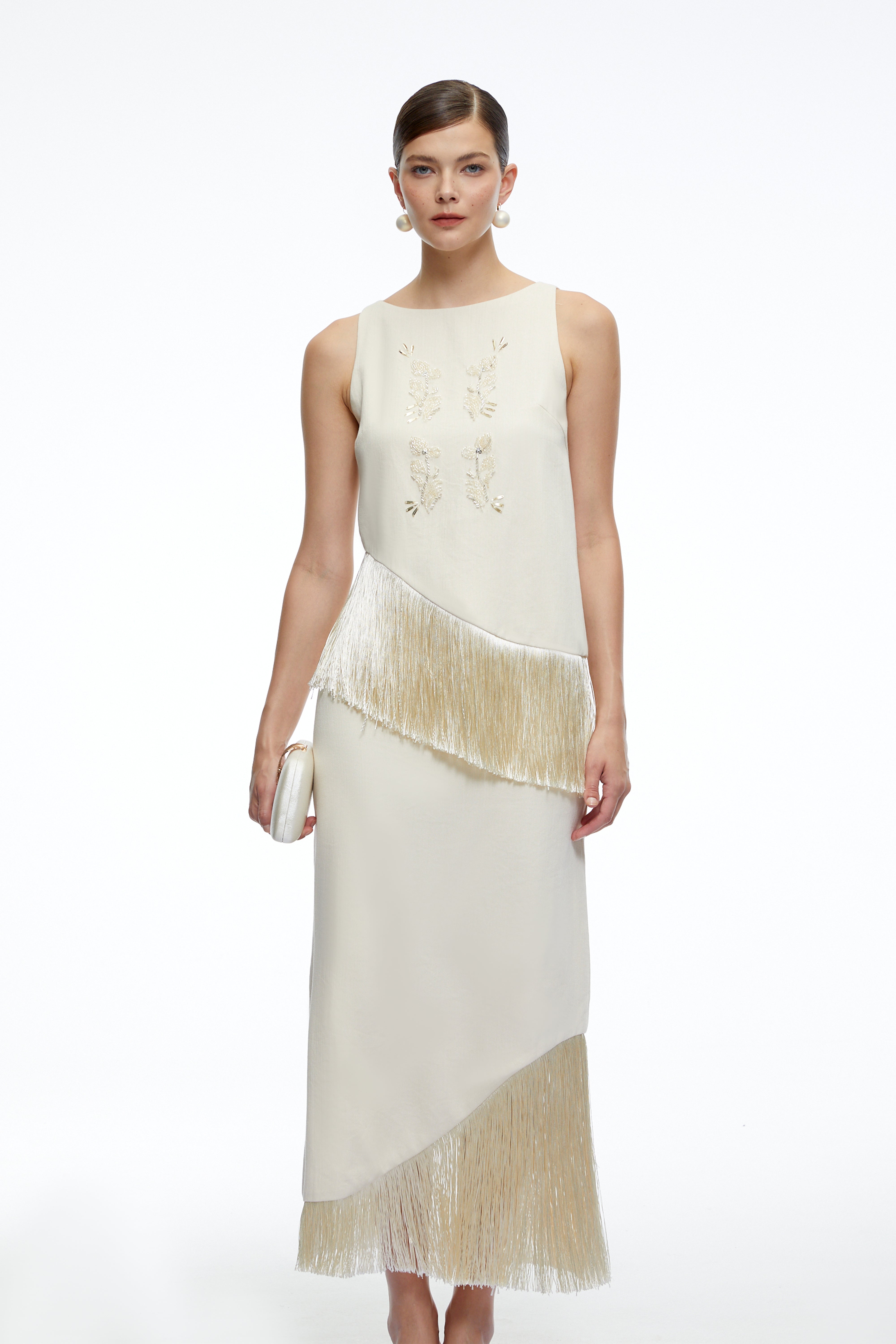 Clemence Neutral Sleeveless Top & Skirt Set with Fringe