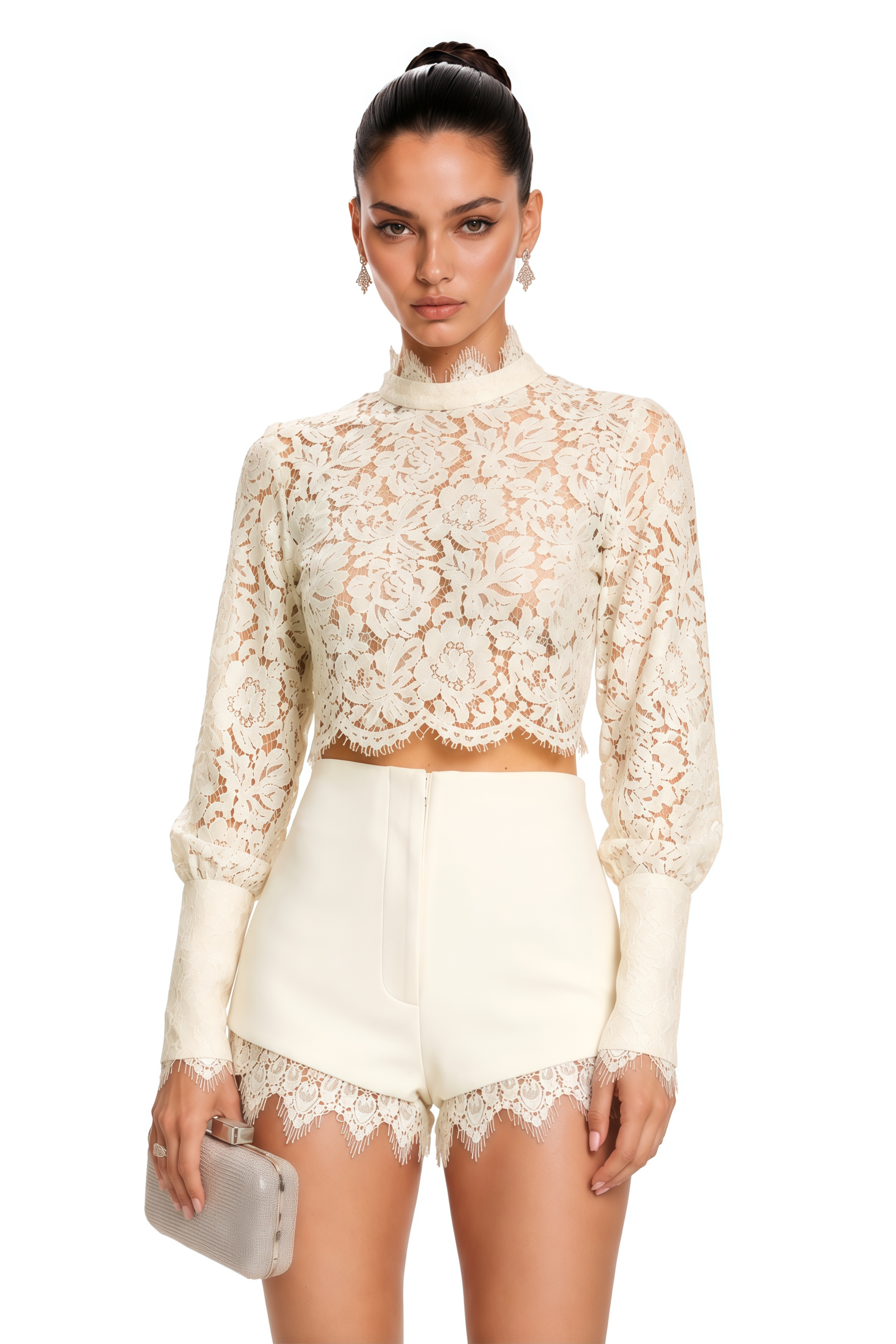 Clementine White High Neck Lace Top & Shorts Set