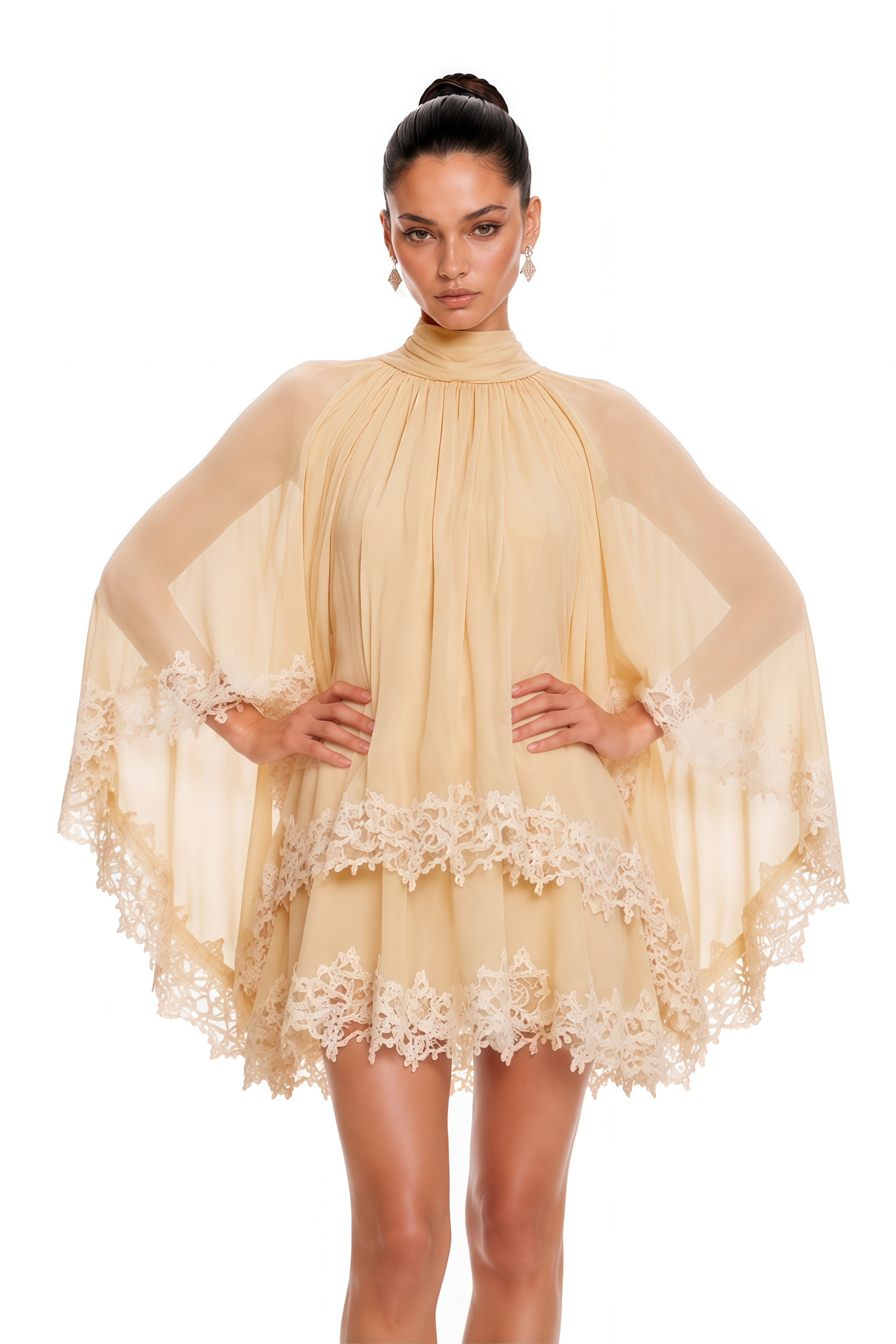 Consuela Neutral Pleated Mini Dress with Lace Trim