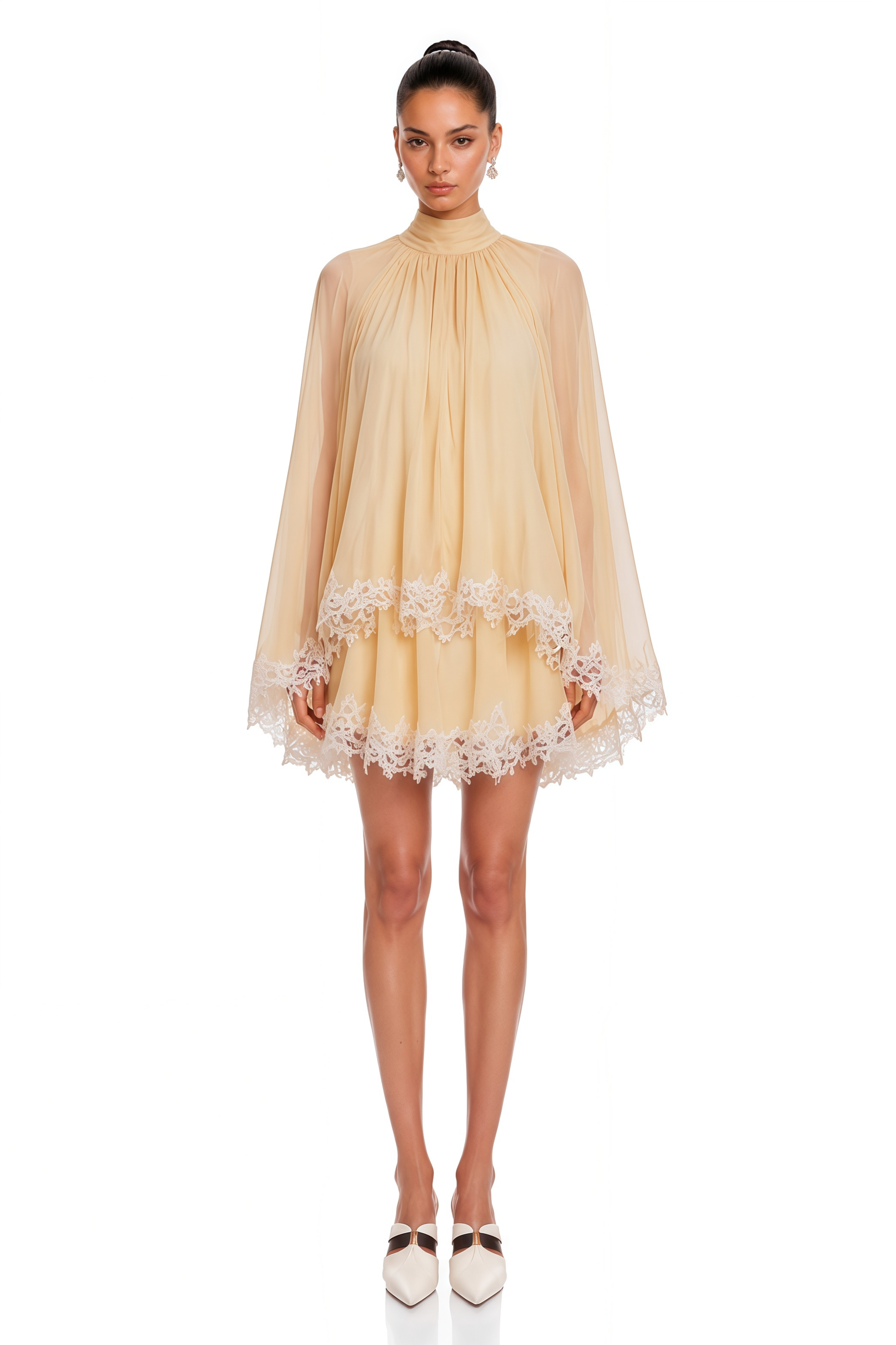 Consuela Neutral Pleated Mini Dress with Lace Trim