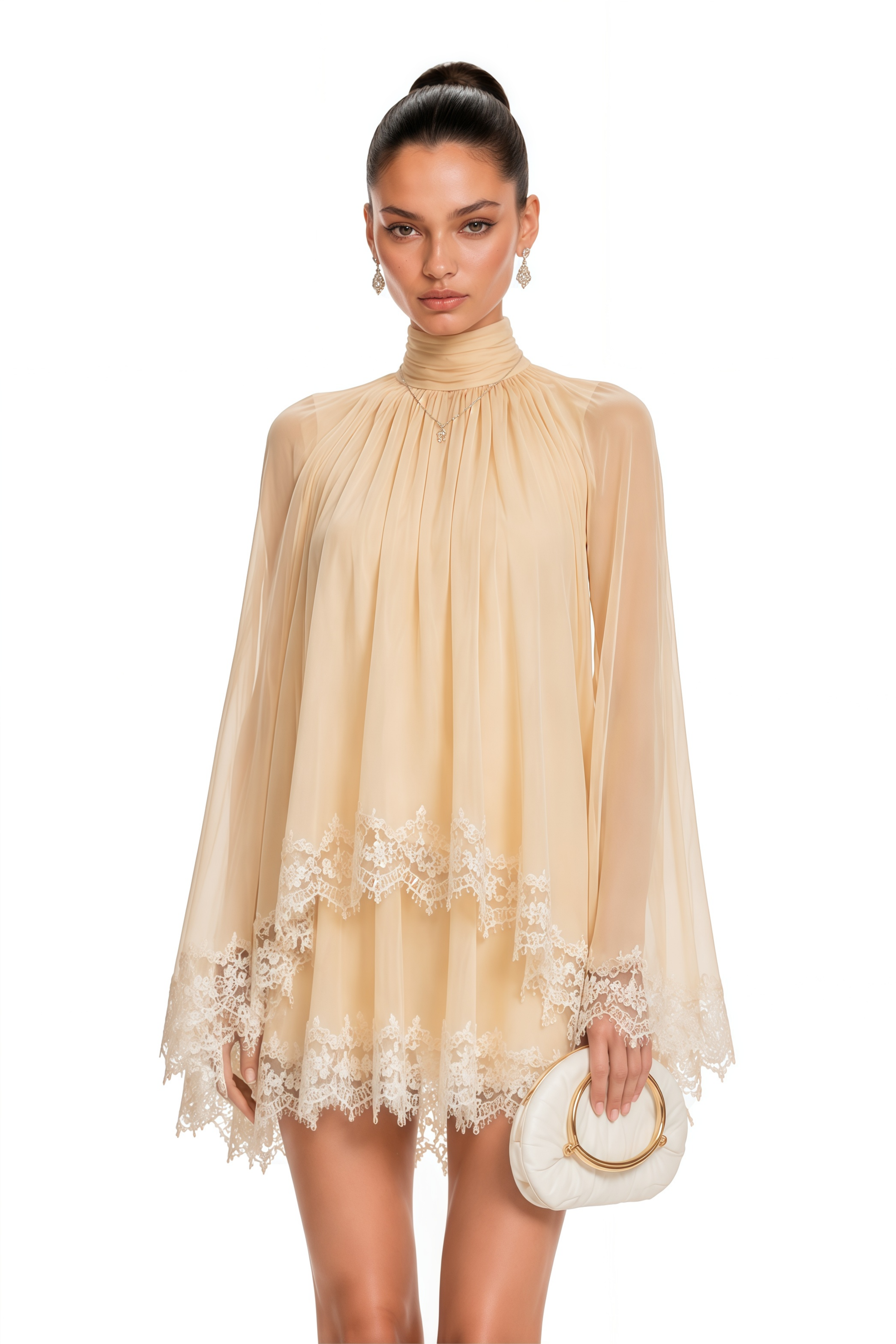 Consuela Neutral Pleated Mini Dress with Lace Trim