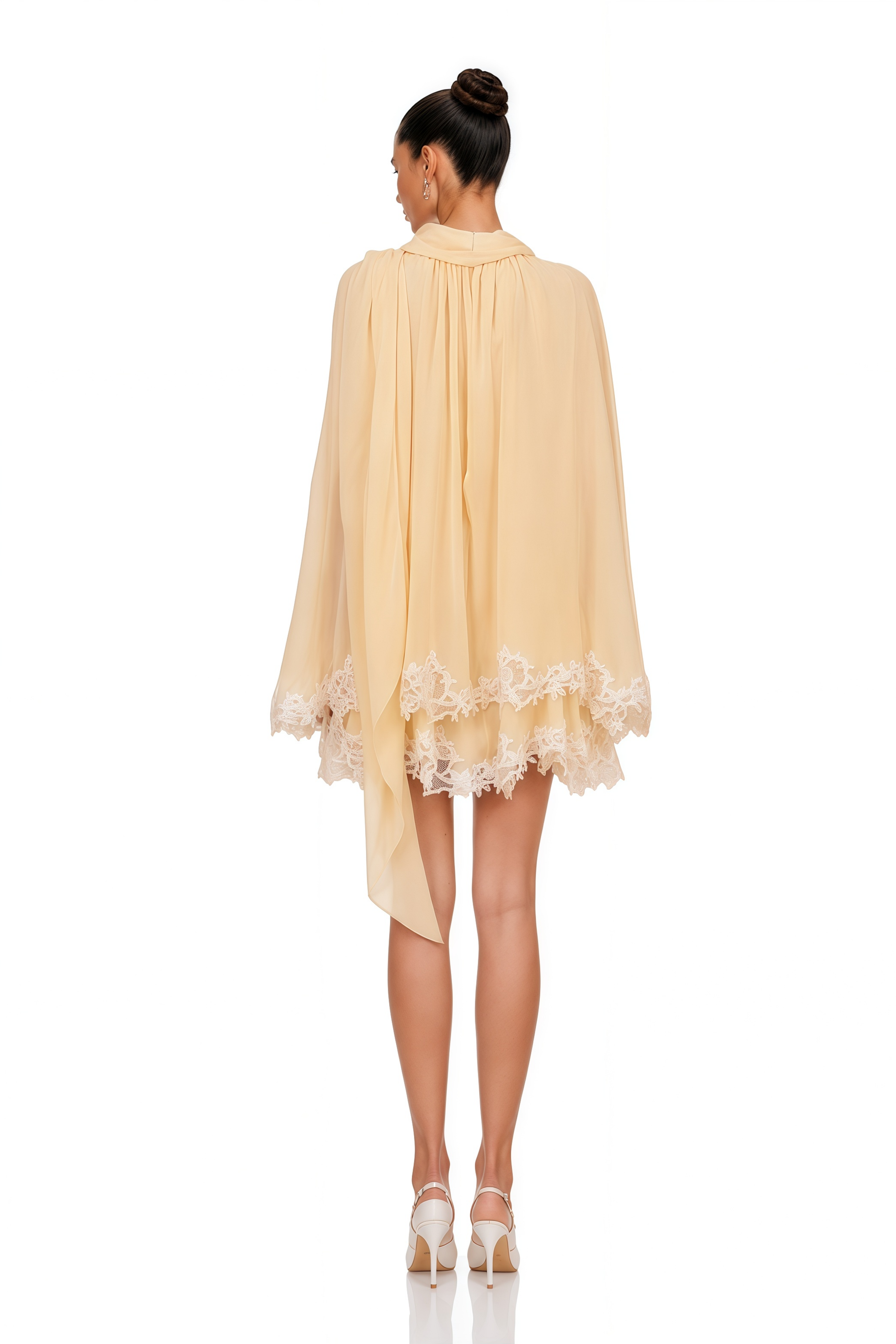 Consuela Neutral Pleated Mini Dress with Lace Trim