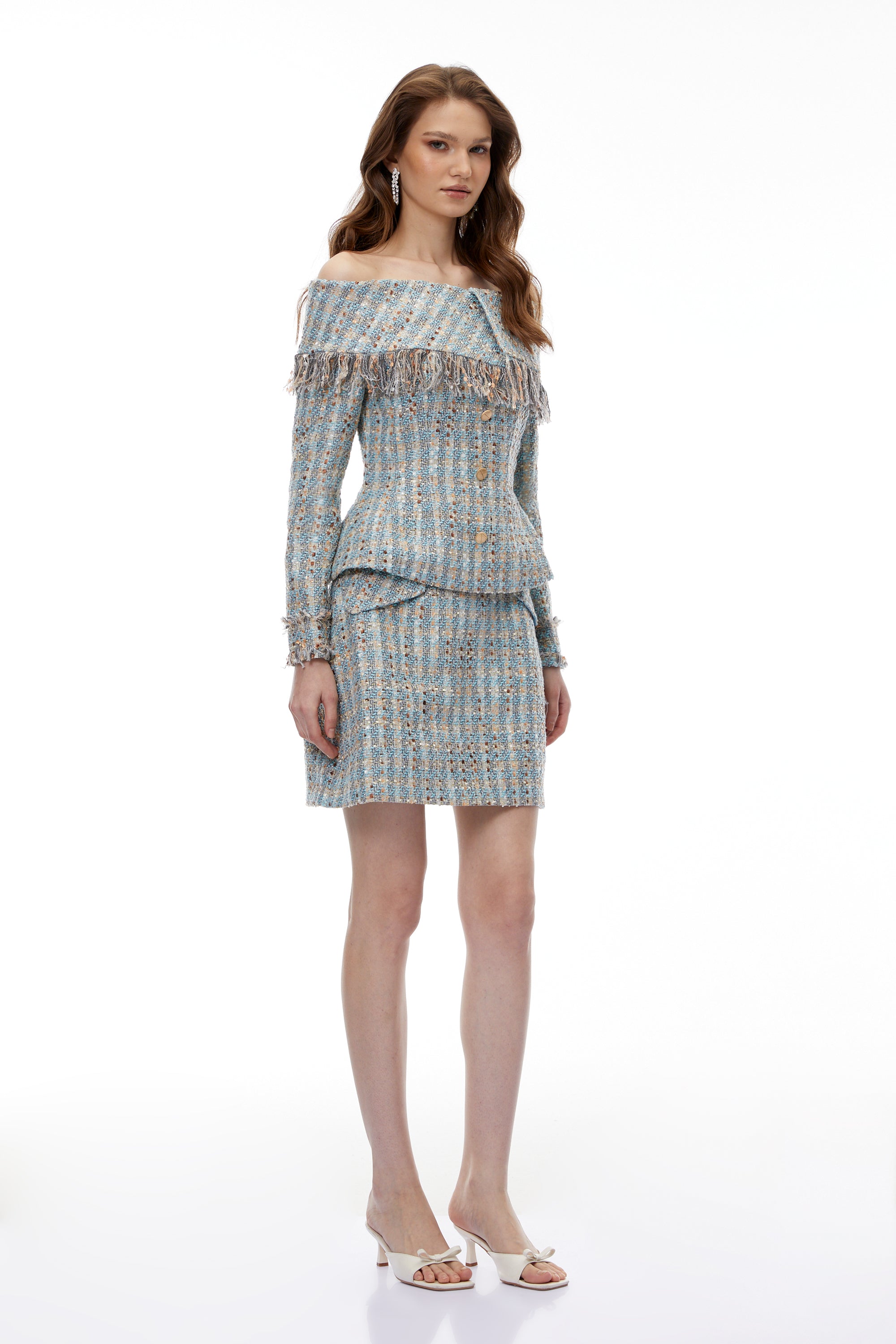 Ensemble top et jupe en tweed bleu Coraline à épaules dénudées (vente définitive)