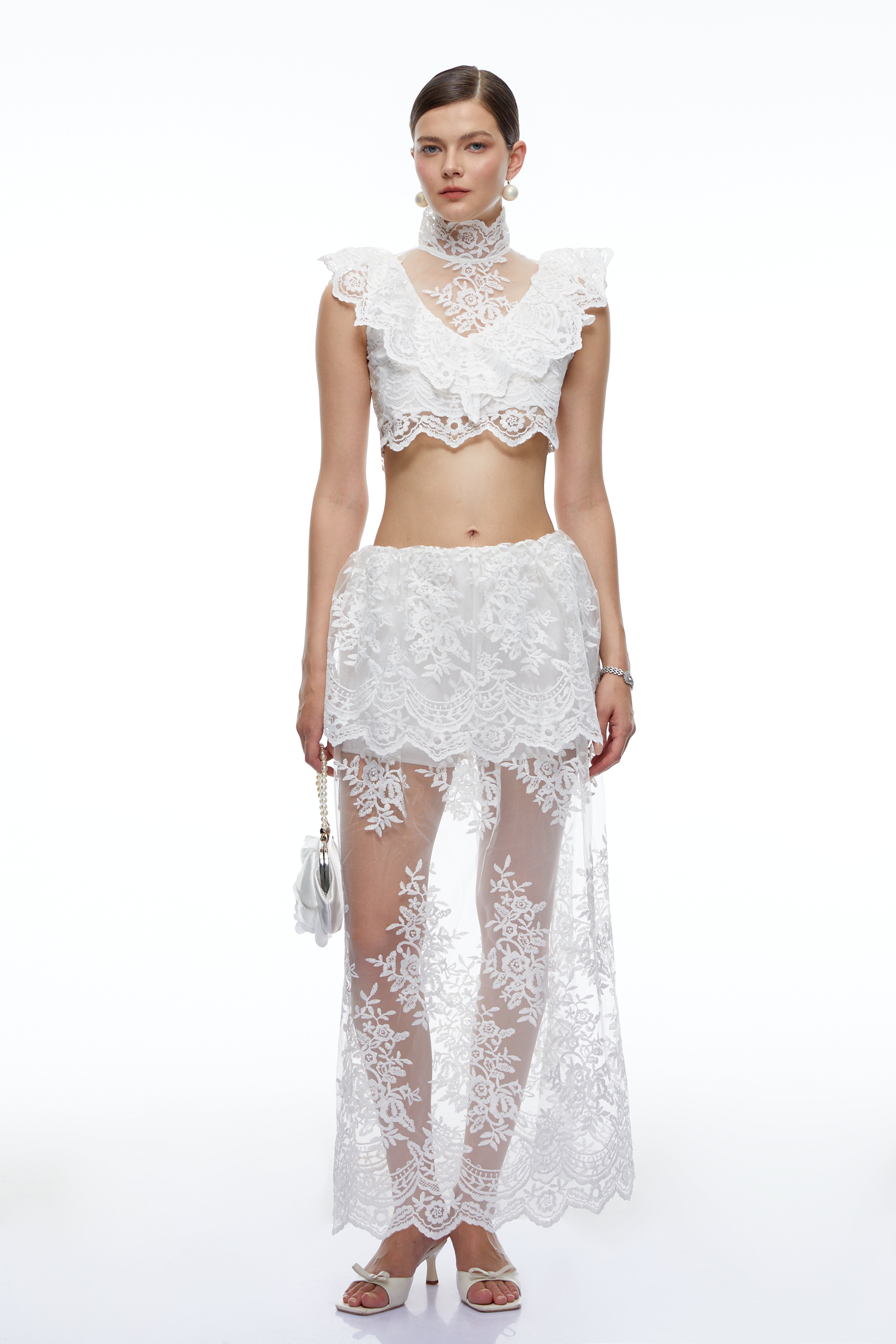 Corinne White Floral Lace Ruffled Top & Skirt Set