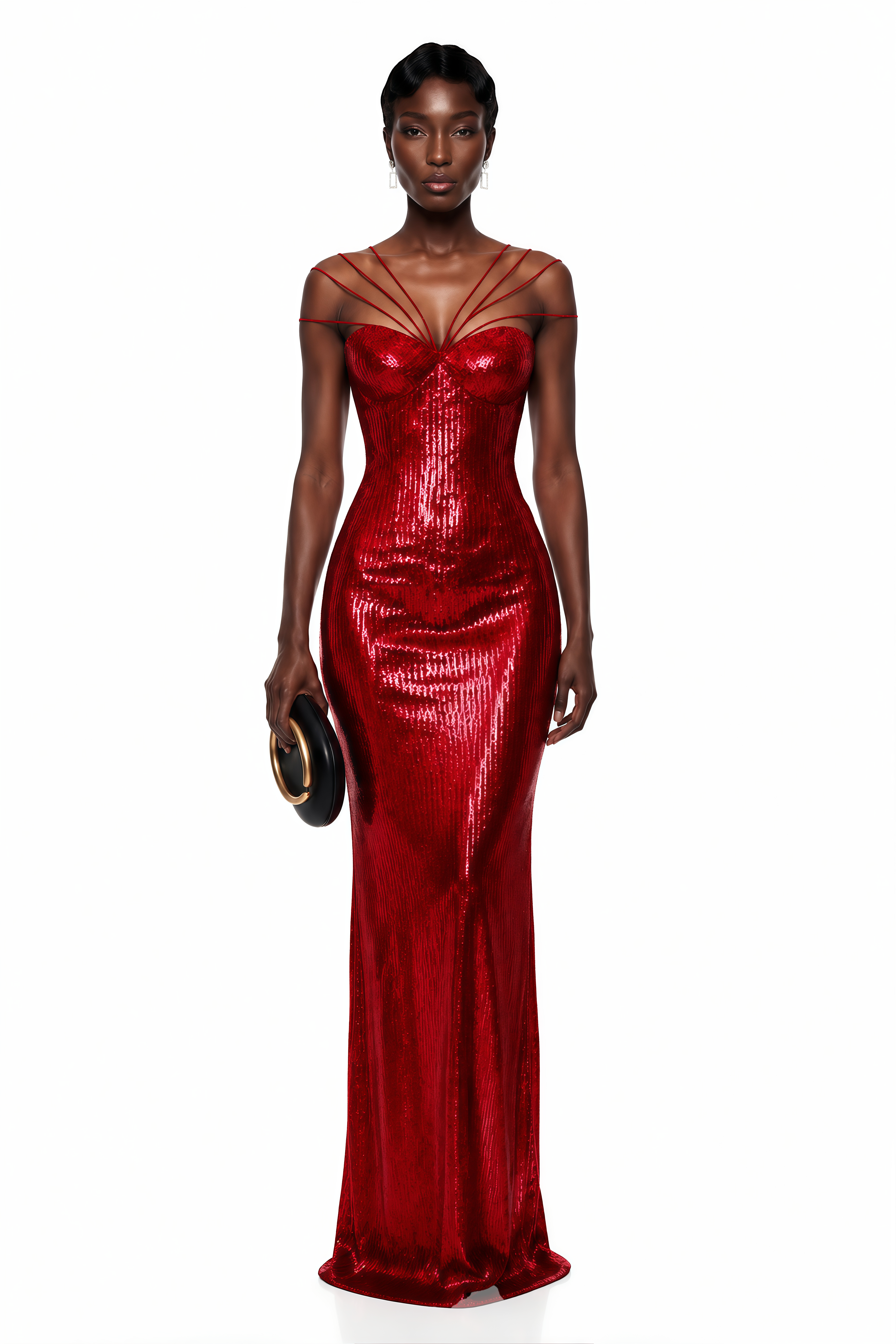 Metallic red sequined maxi dress with a sweetheart neckline and strappy caged detailing