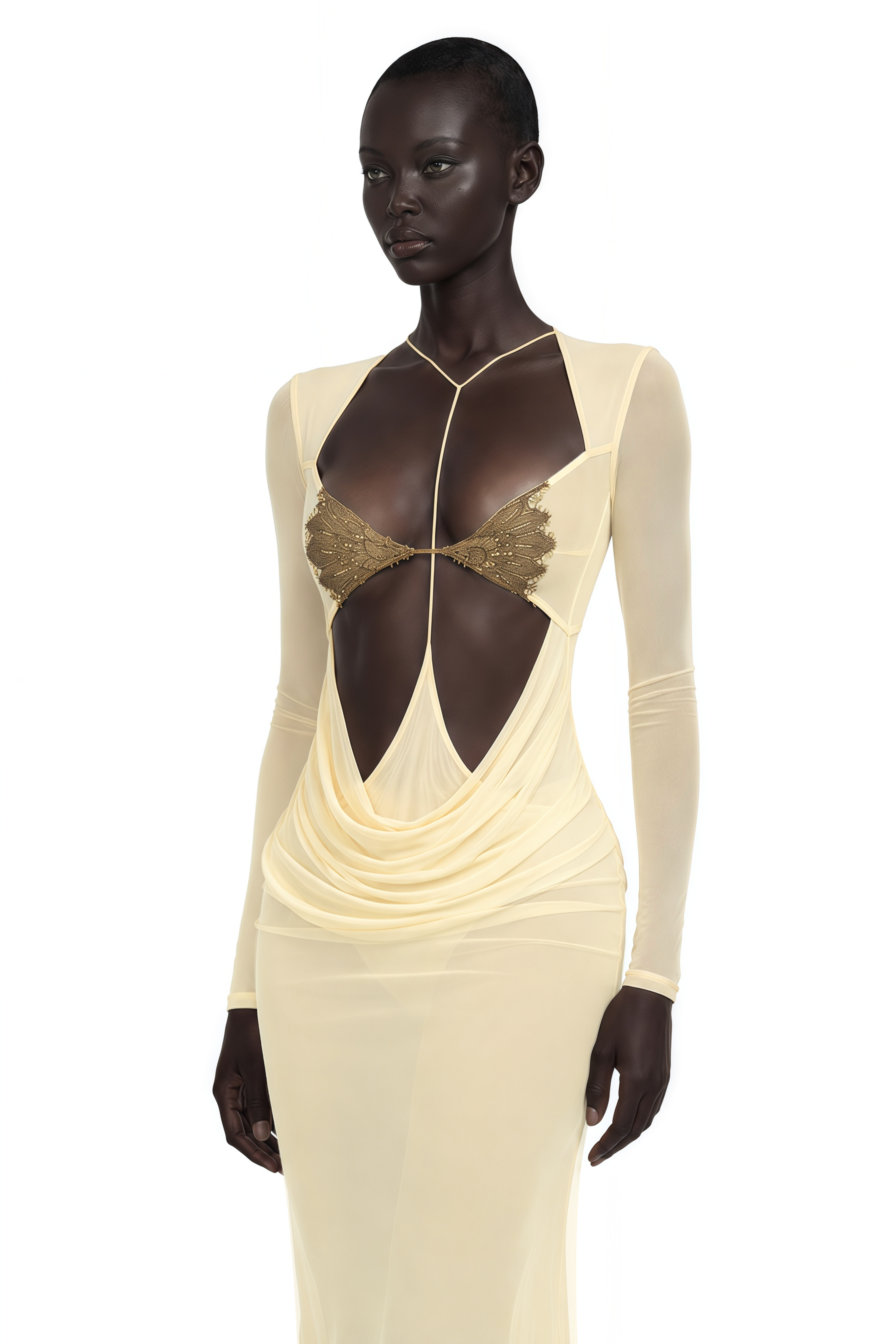 Robe longue Cressida jaune, semi-transparente, à découpes et coupe en queue de poisson