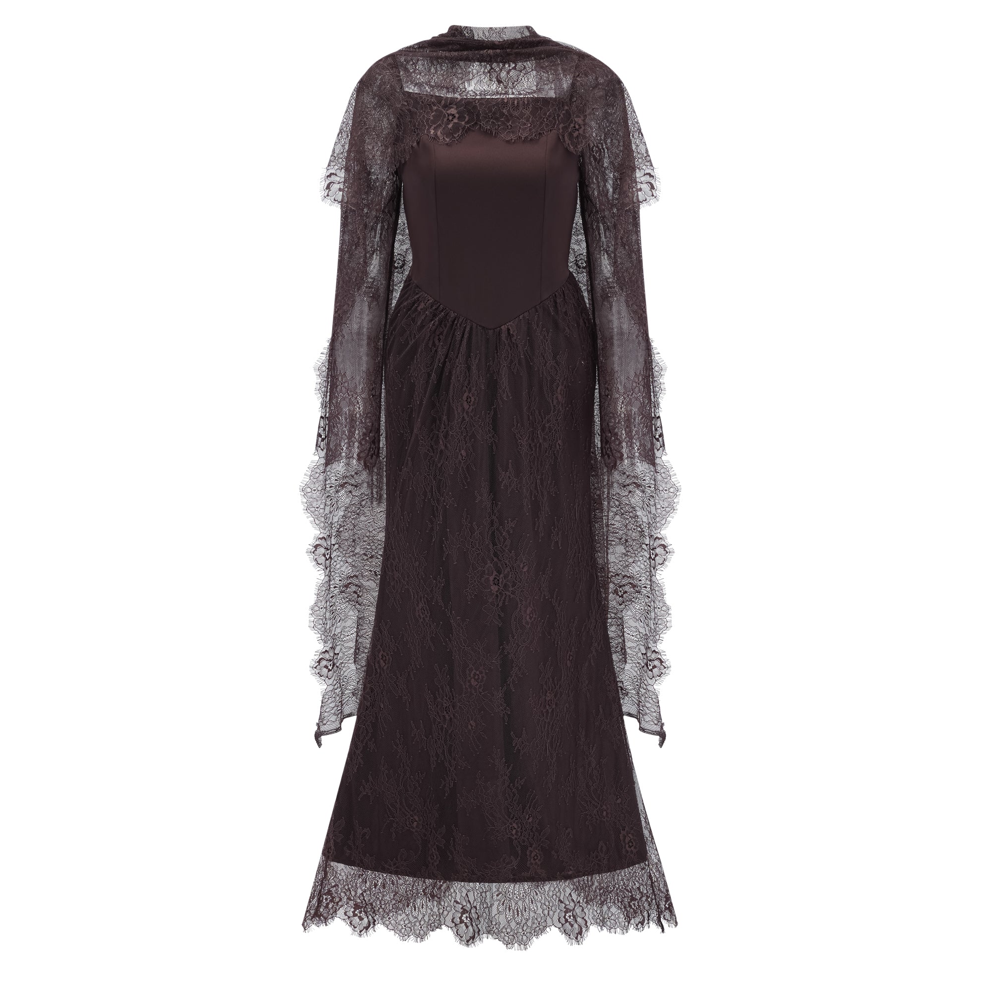 Robe longue à fleurs et dentelle Christa Brown avec cape (Vente définitive - États-Unis uniquement)