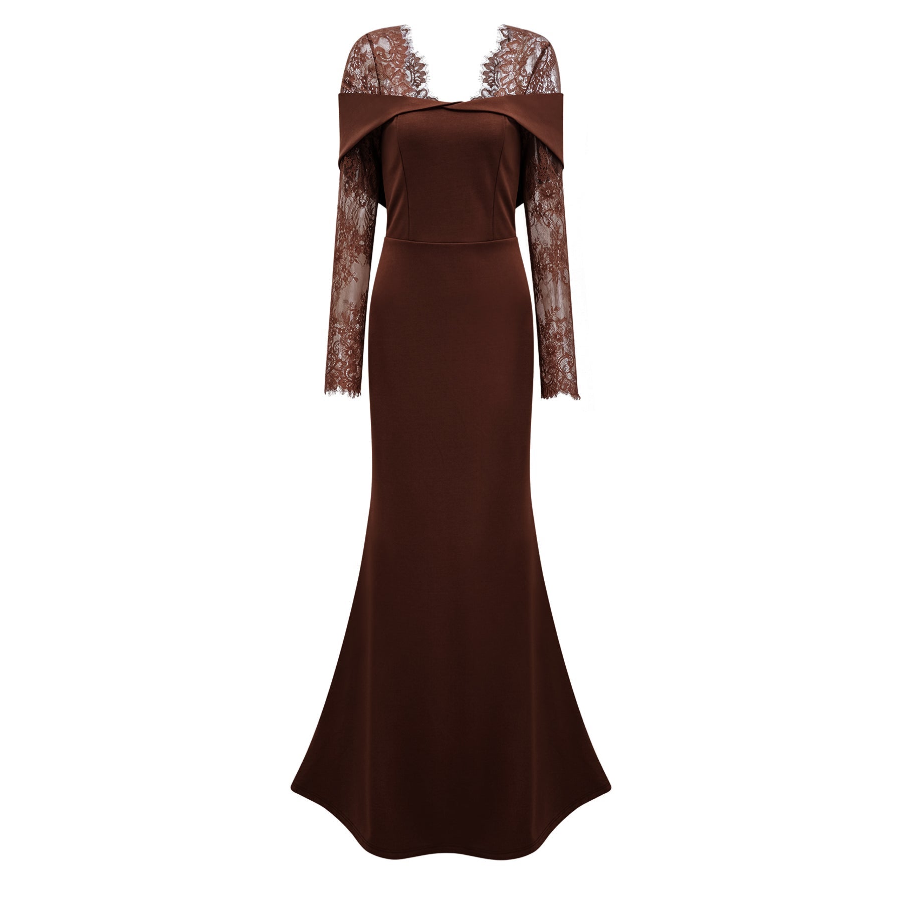  Lace Panel Flared Maxi Gown