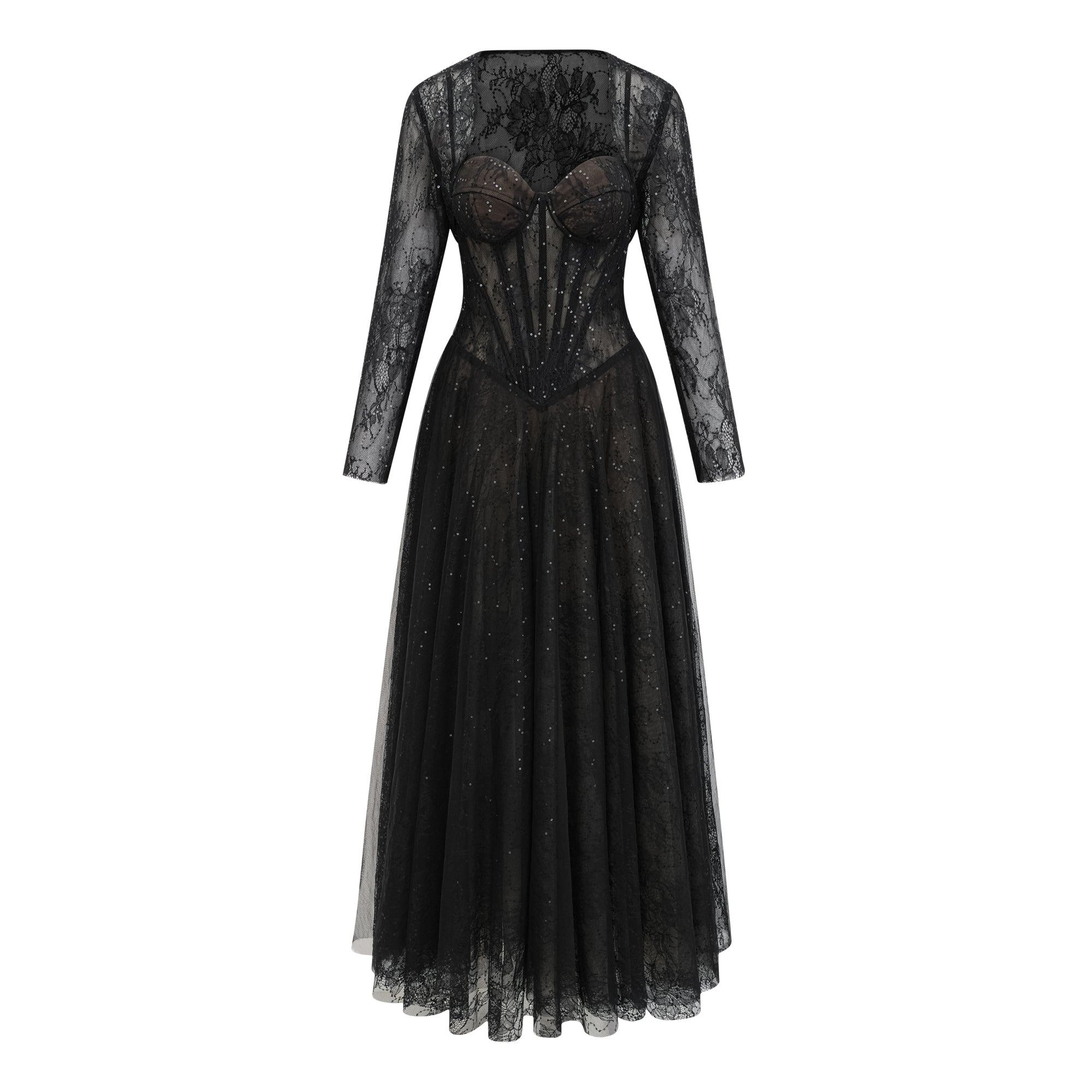 Robe longue corset en dentelle noire