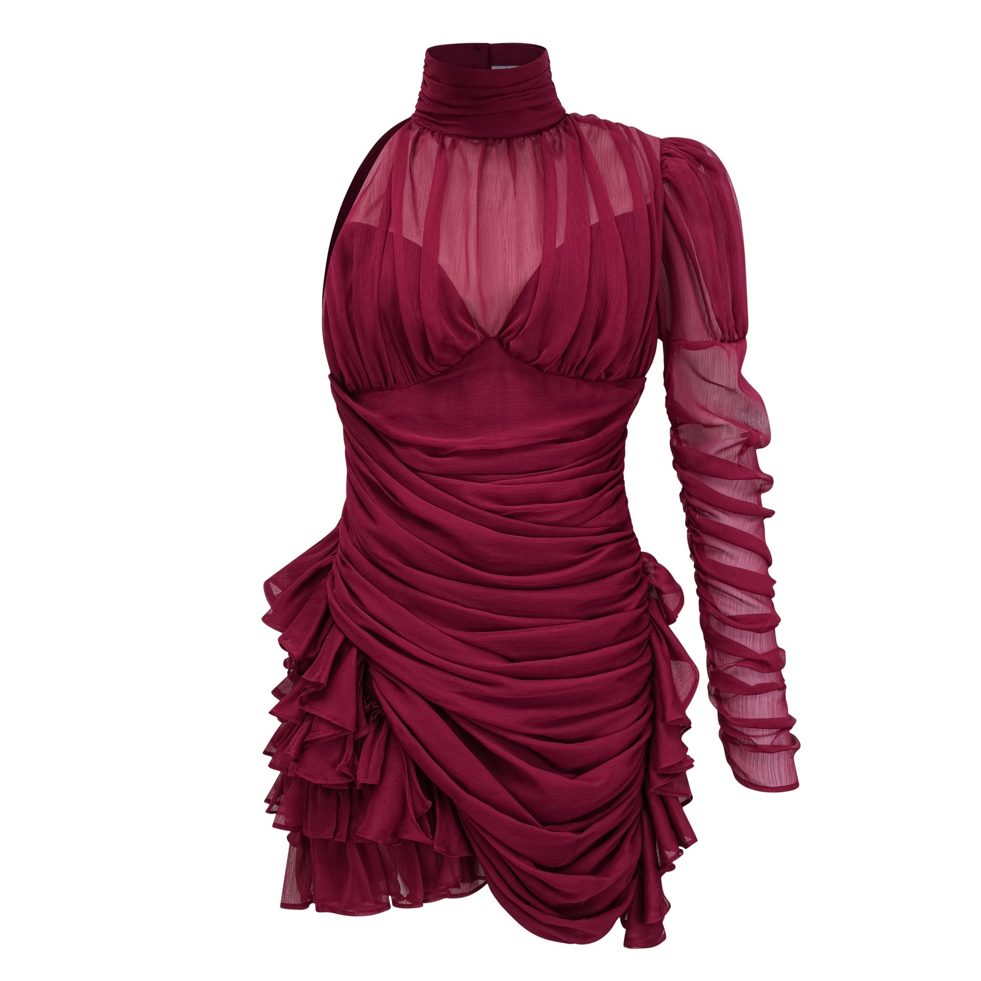 Éléna Burgundy Asymmetrical Ruffled Tulle Mini Dress (Final Sale)