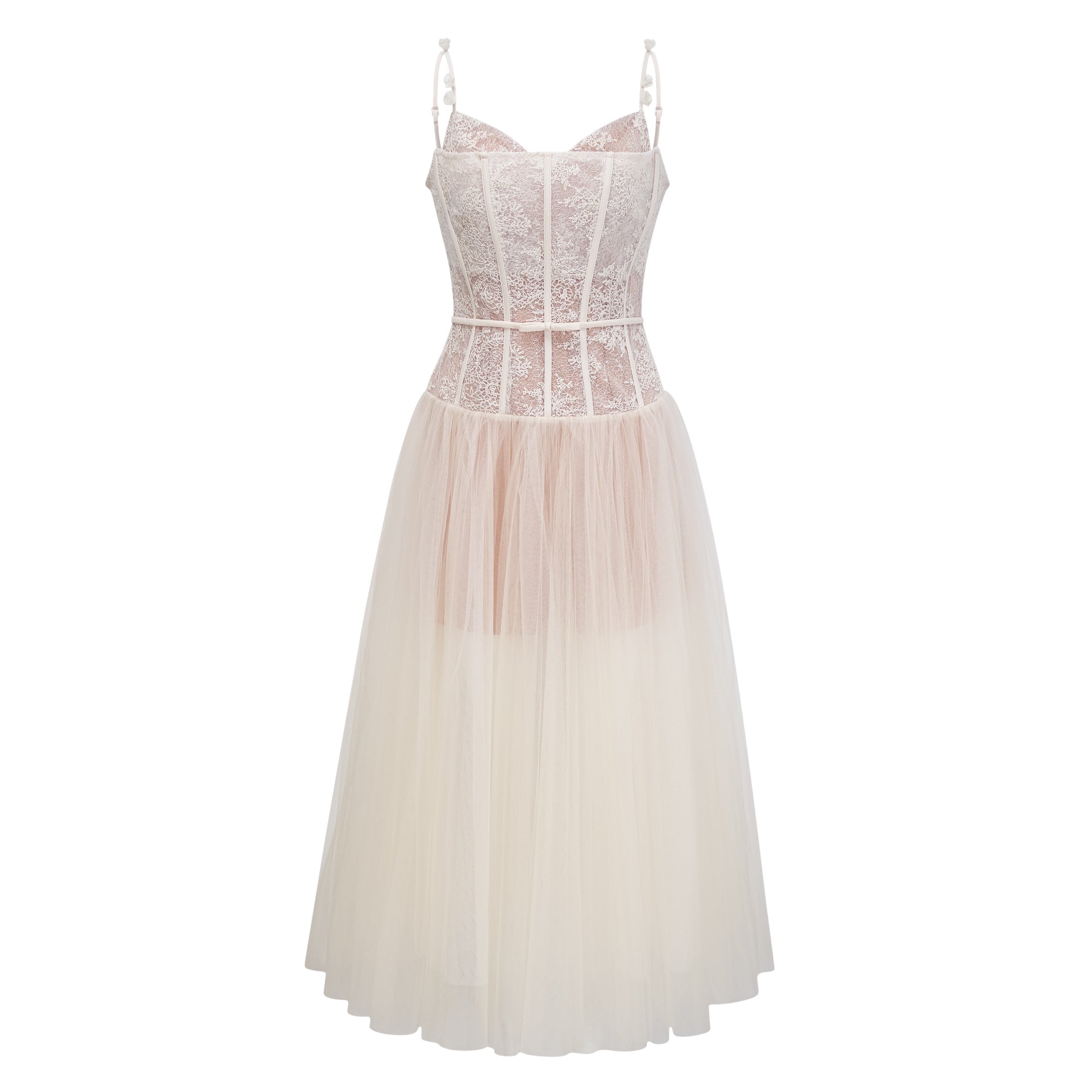 Mira Neutrals Lace Panel Tulle Midi Dress (Final Sale)