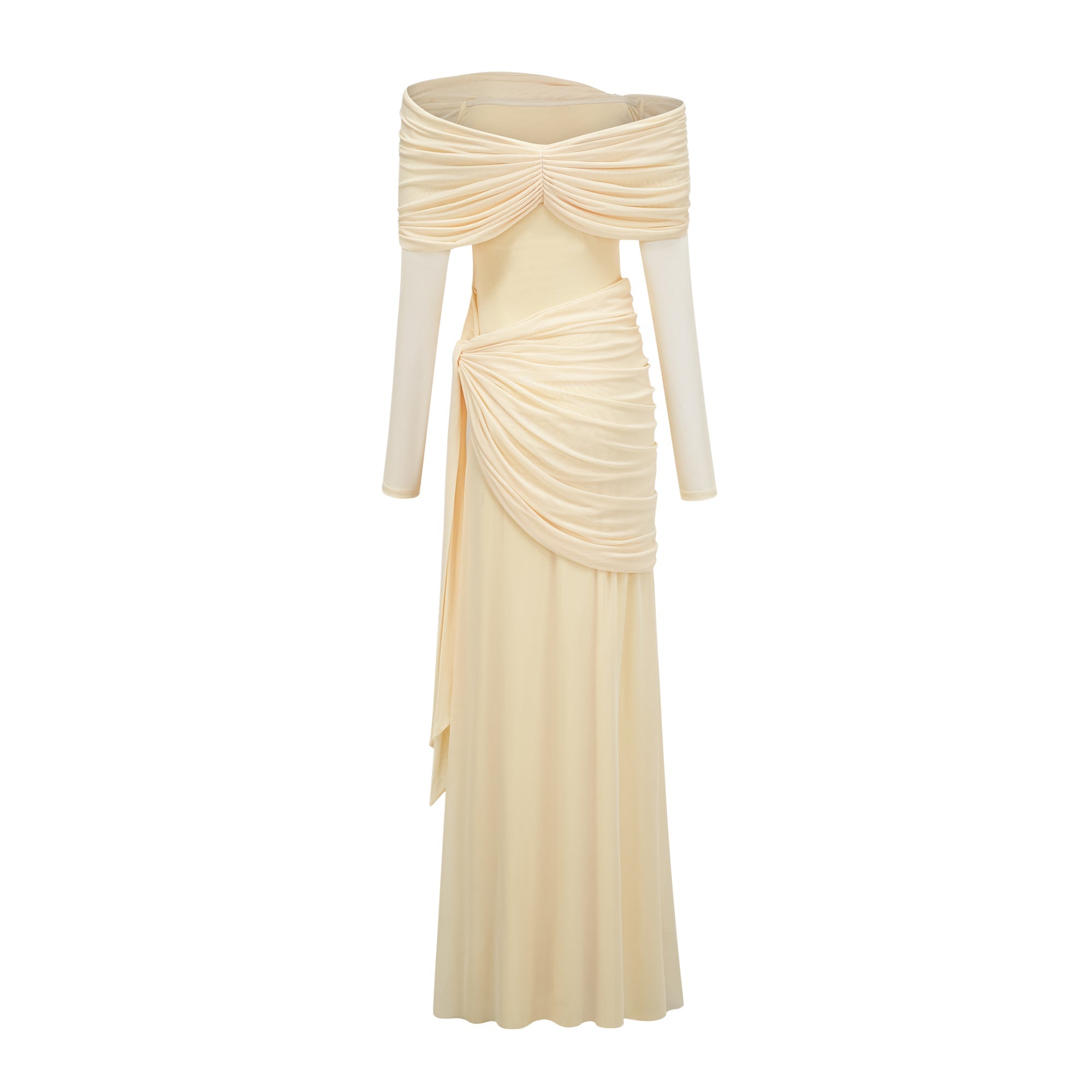 Robe longue à épaules dénudées, couleur jaune beurre
