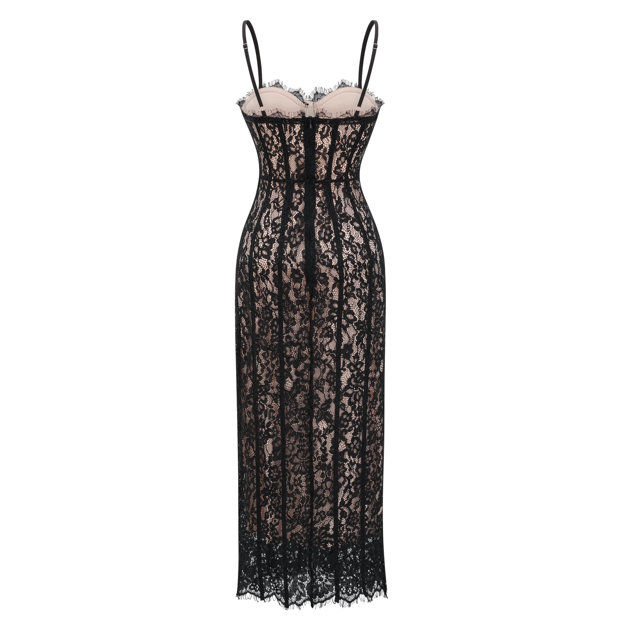 Robe longue corsetée en dentelle à motifs floraux
