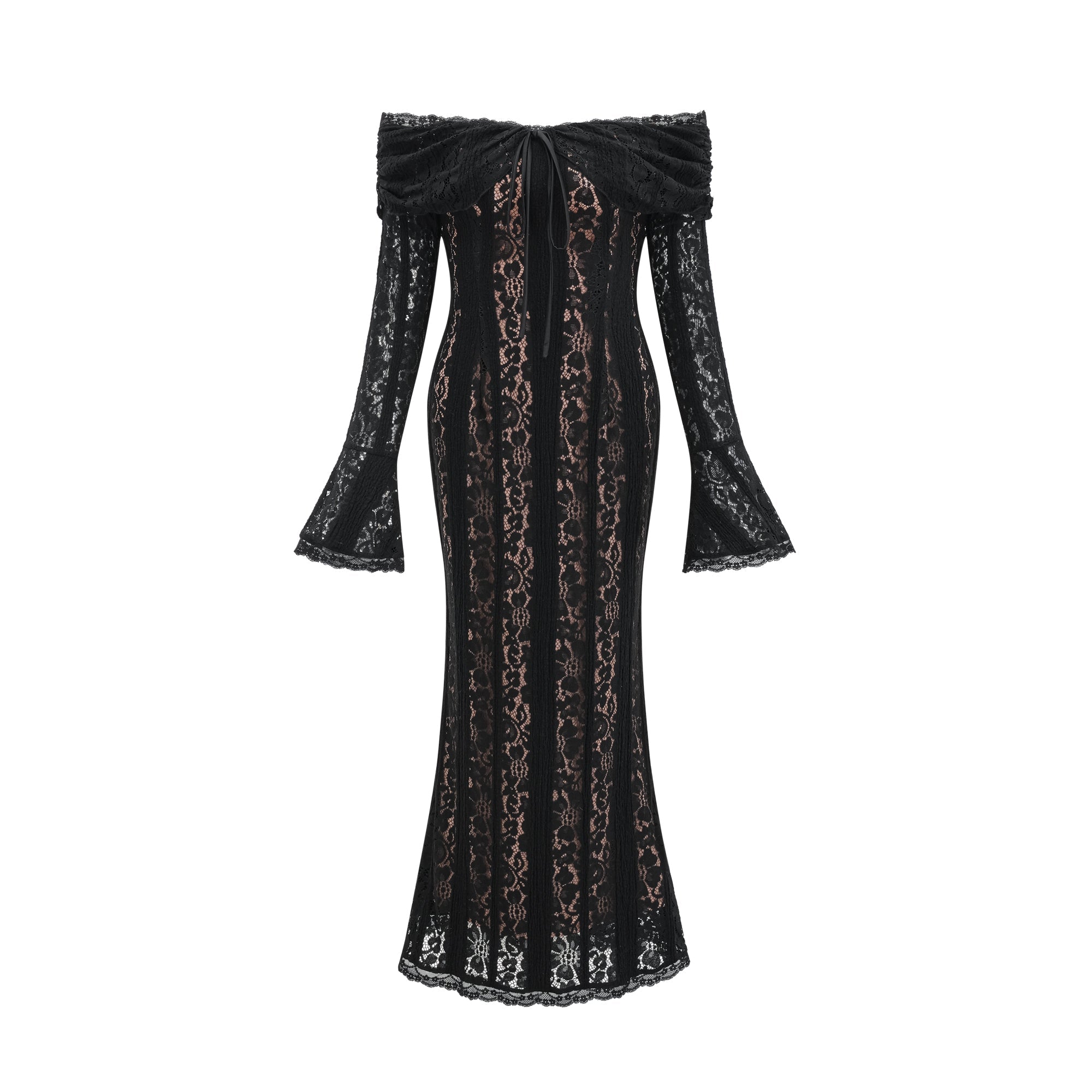 Robe mi-longue Émeline en dentelle florale à ourlets évasés, couleur noire (Vente définitive - États-Unis uniquement)