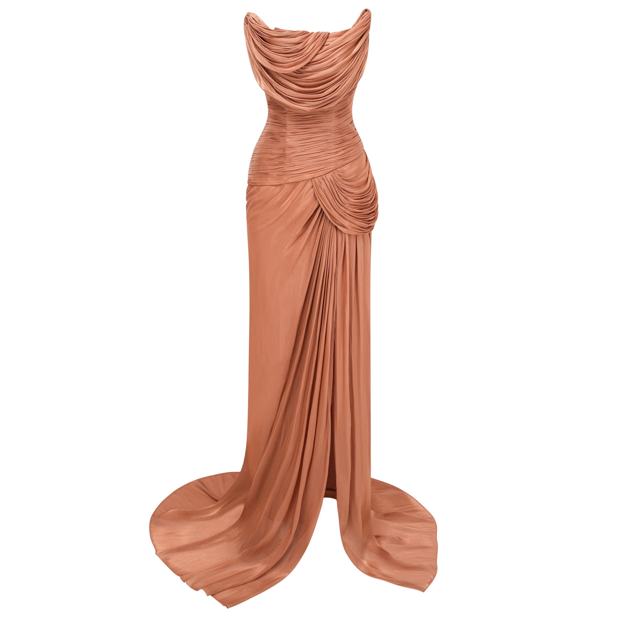 Gelsomina Gold Asymmetrical Glossy Gathered Maxi Dress (Final Sale-US Only)