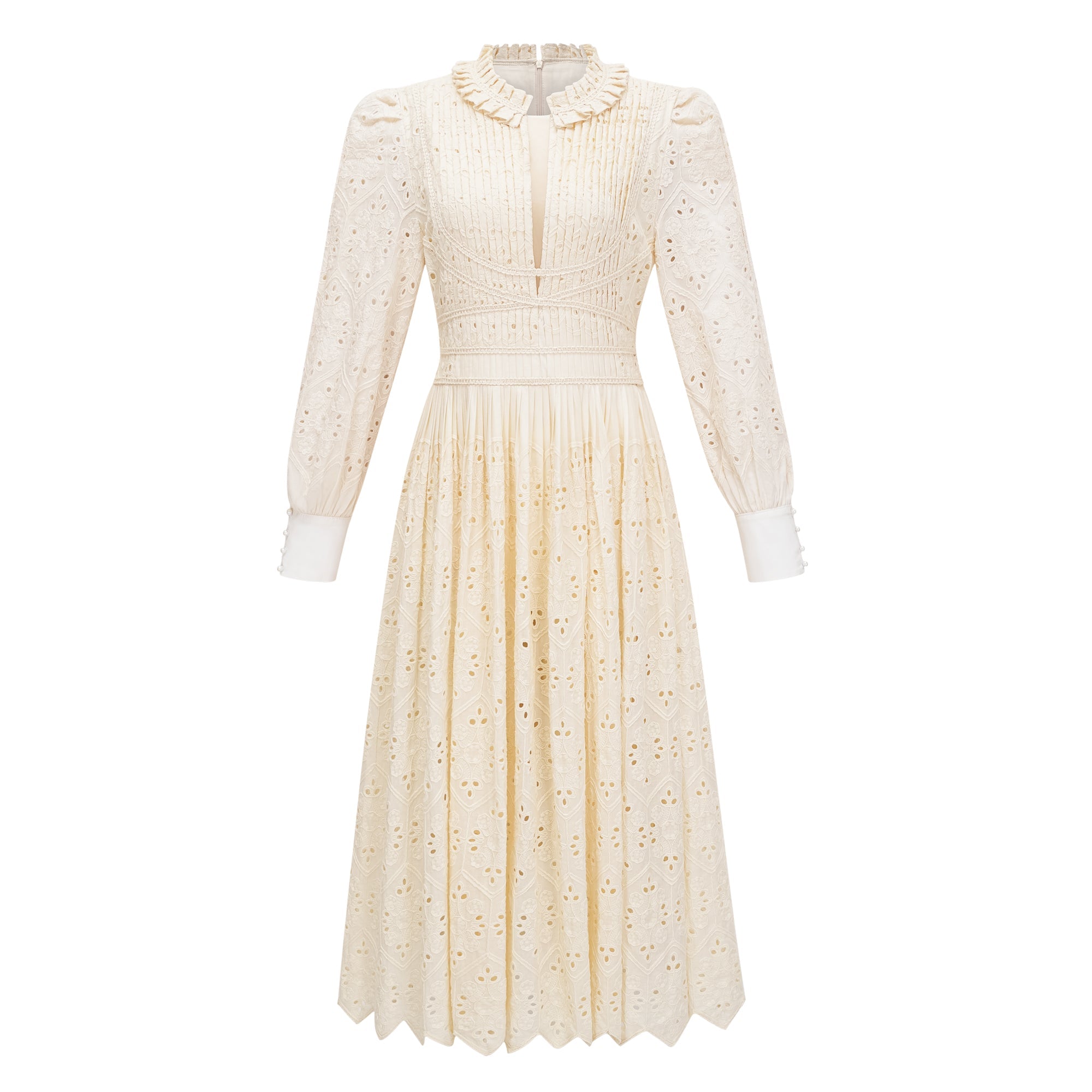 Isabeau Neutral Floral Embroidered Pleated Midi Dress (Final Sale)