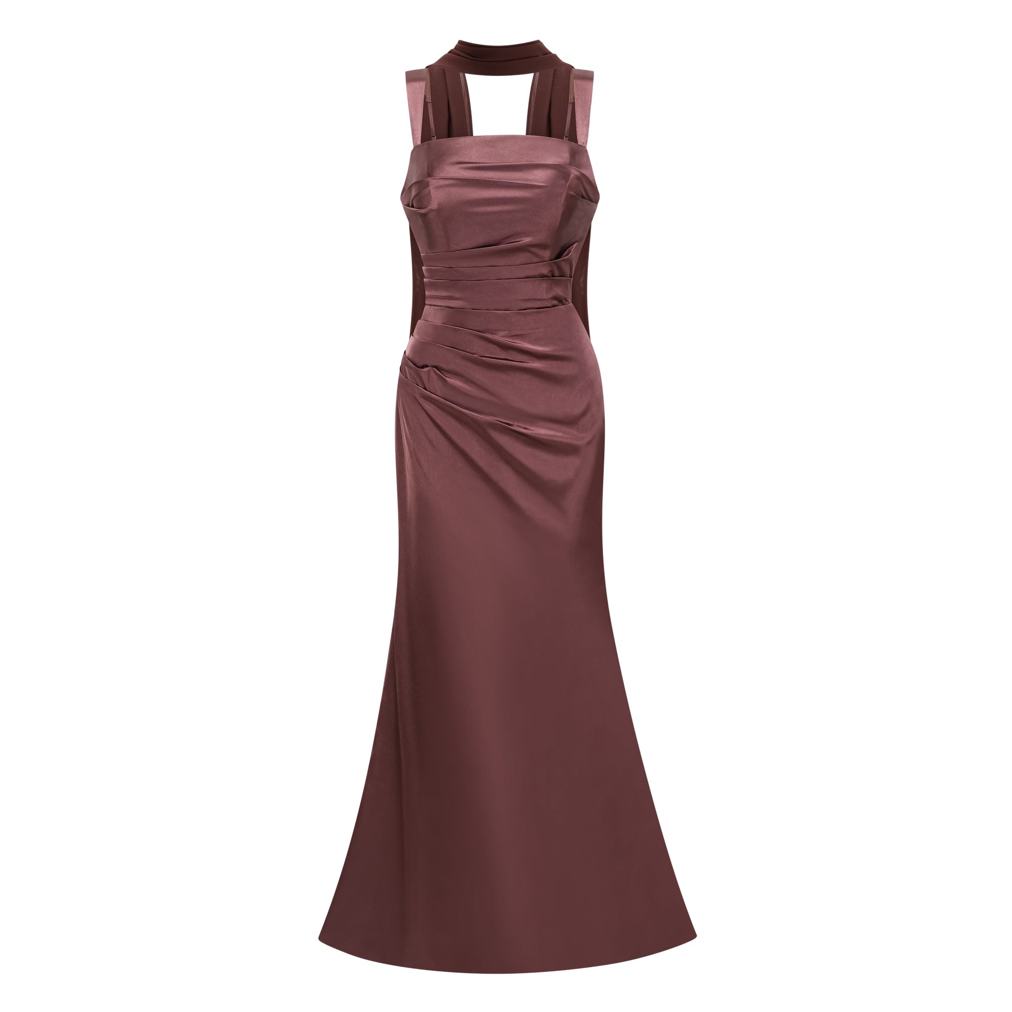 Inmaculada Brown Ruched Satin Maxi Dress (Without Gloves) (Final Sale-US Only)