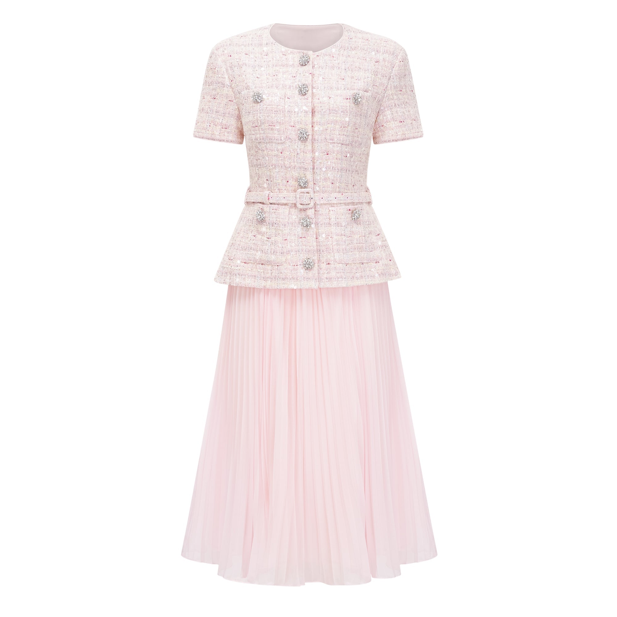 Tahmineh Pink Tweed Pleated Midi Dress (Final Sale-US Only)