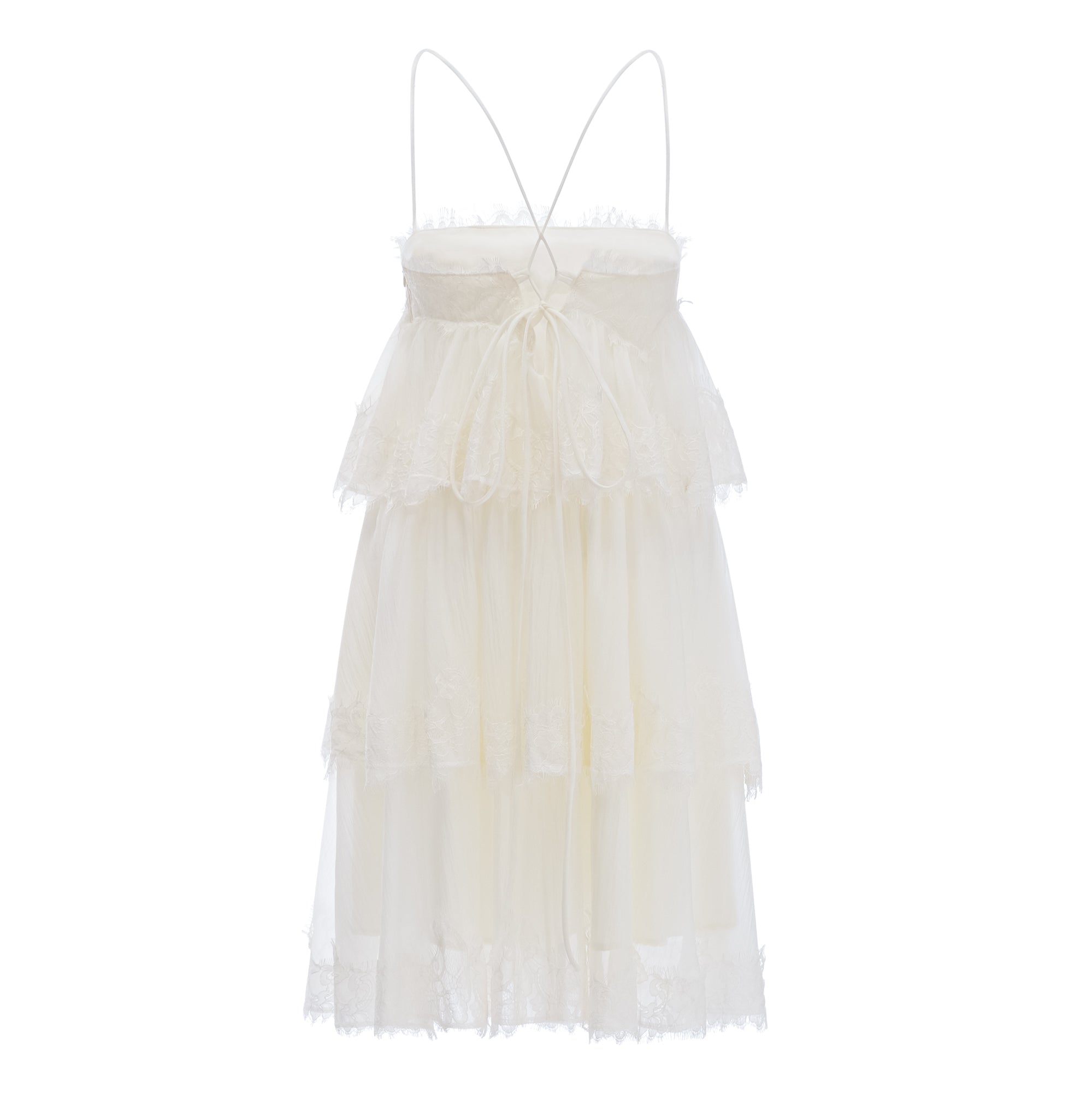 Beige tiered lace mini dress with spaghetti straps