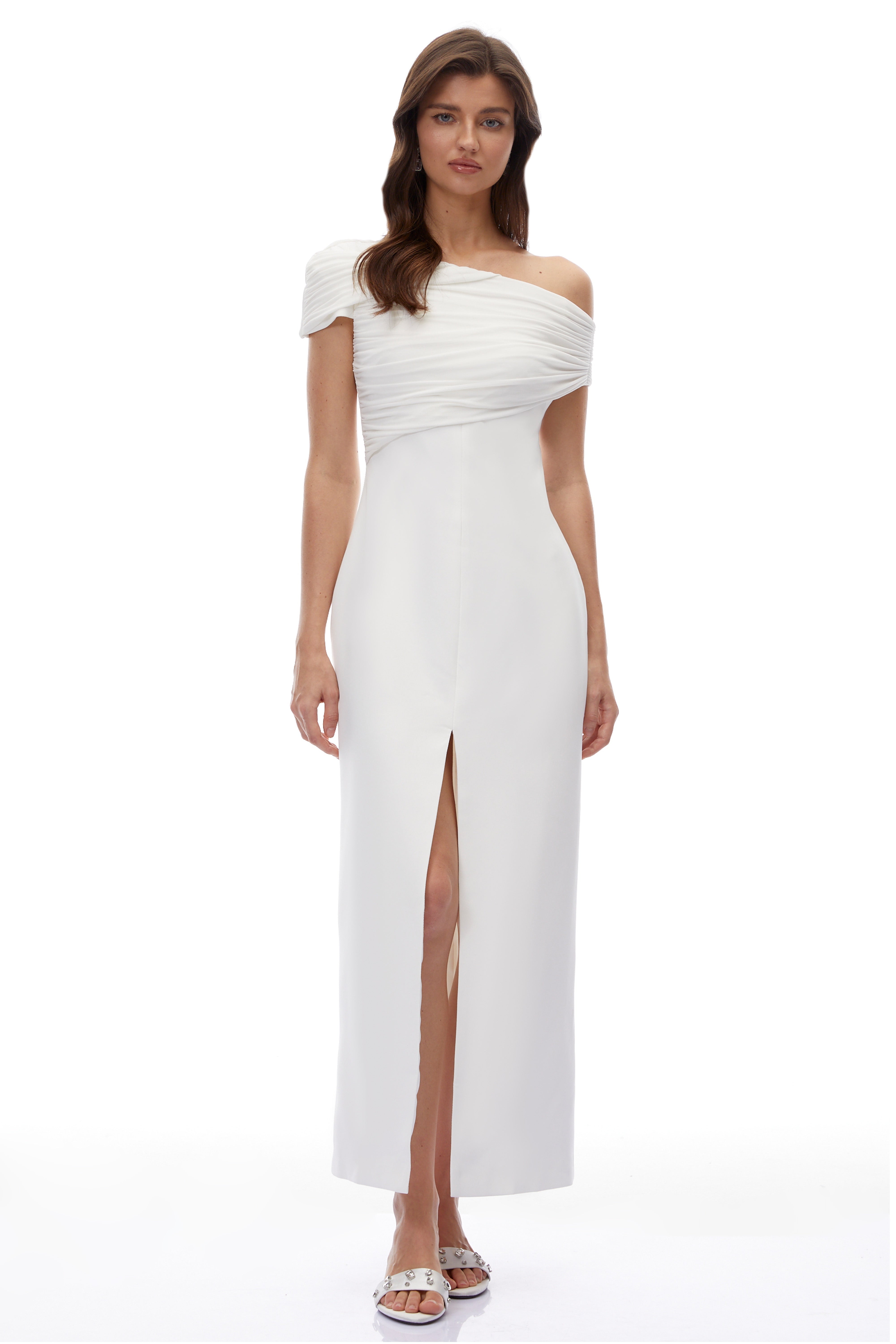 Daniela White One Shoulder Ruched Maxi Dress