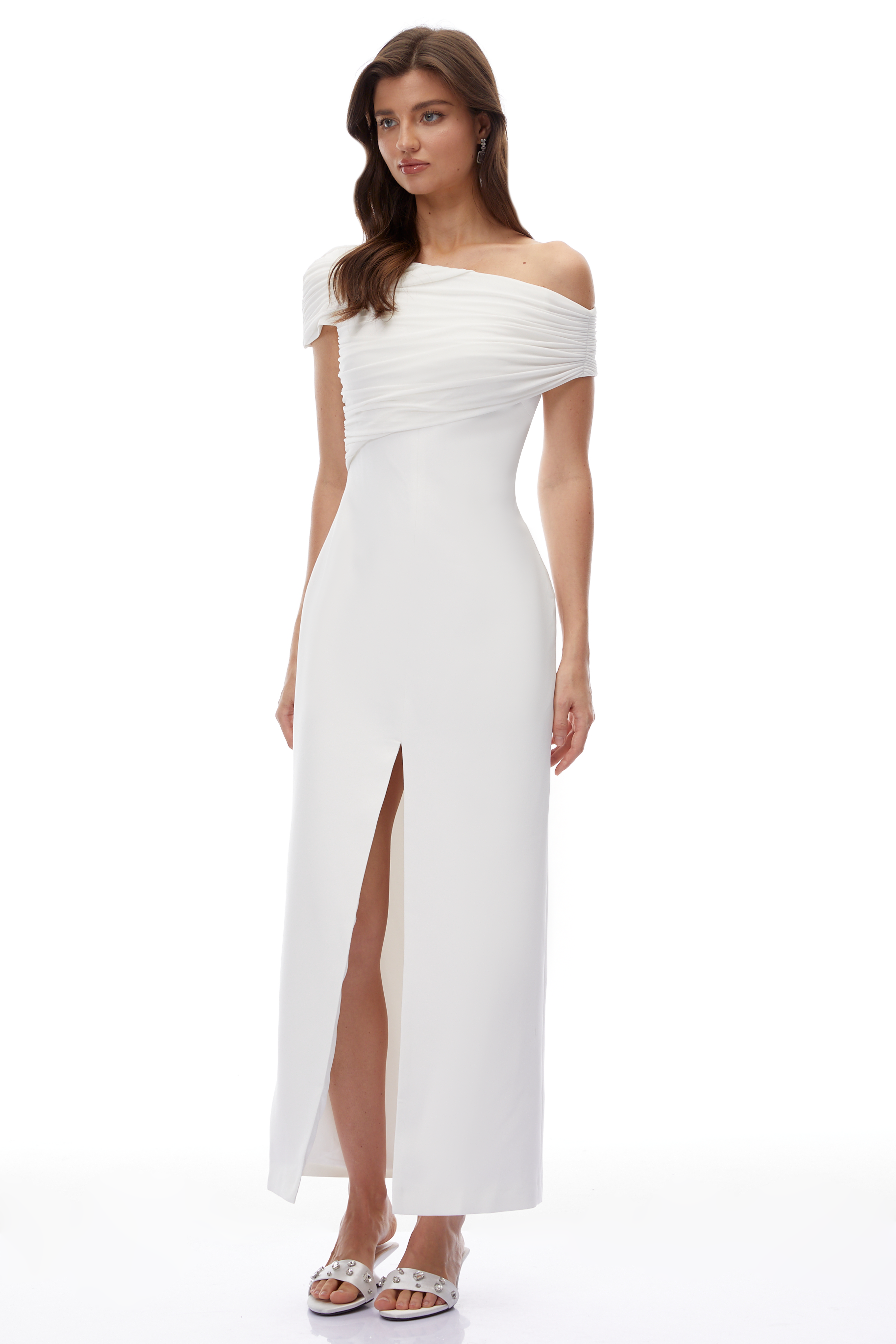 Daniela White One Shoulder Ruched Maxi Dress