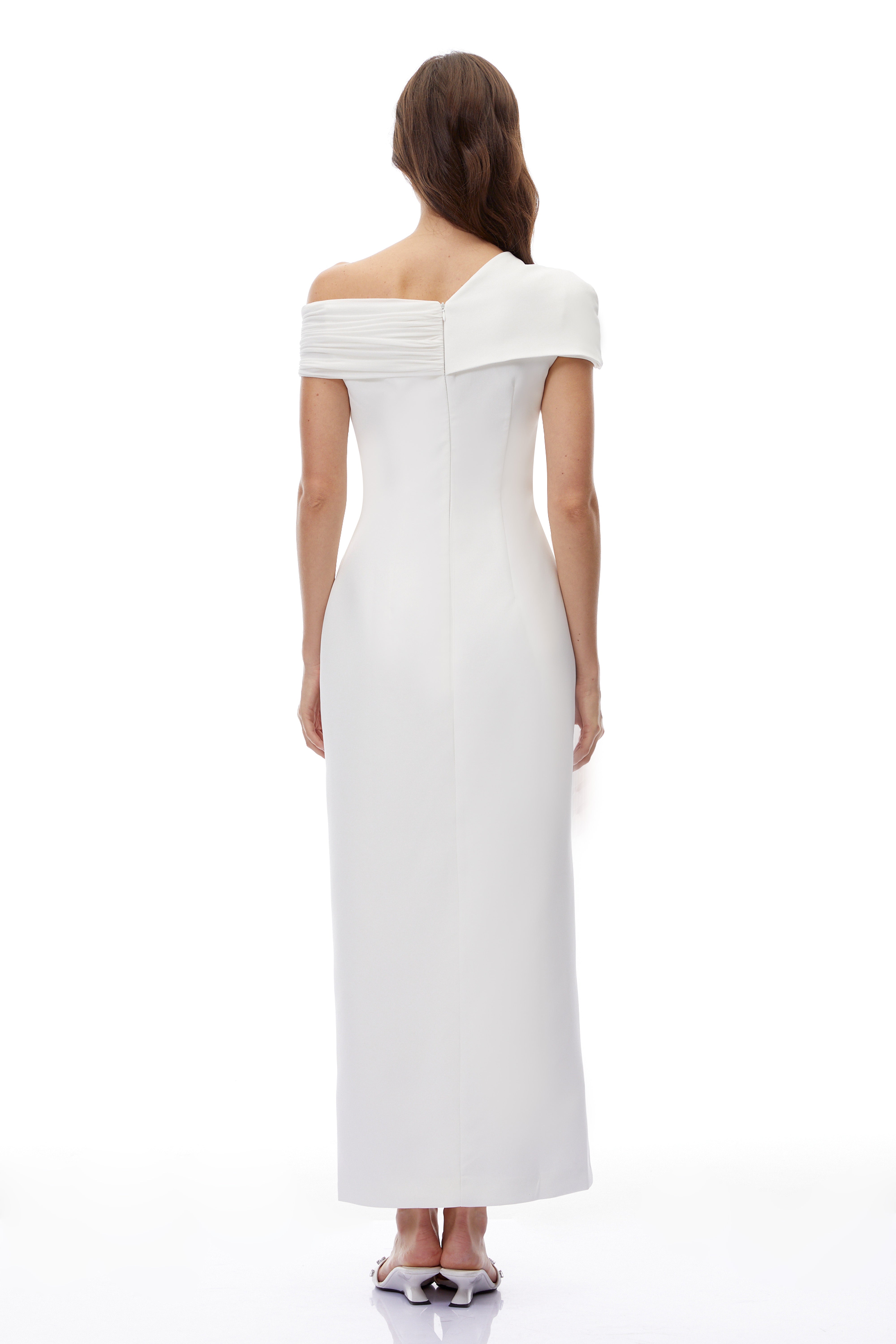 Daniela White One Shoulder Ruched Maxi Dress