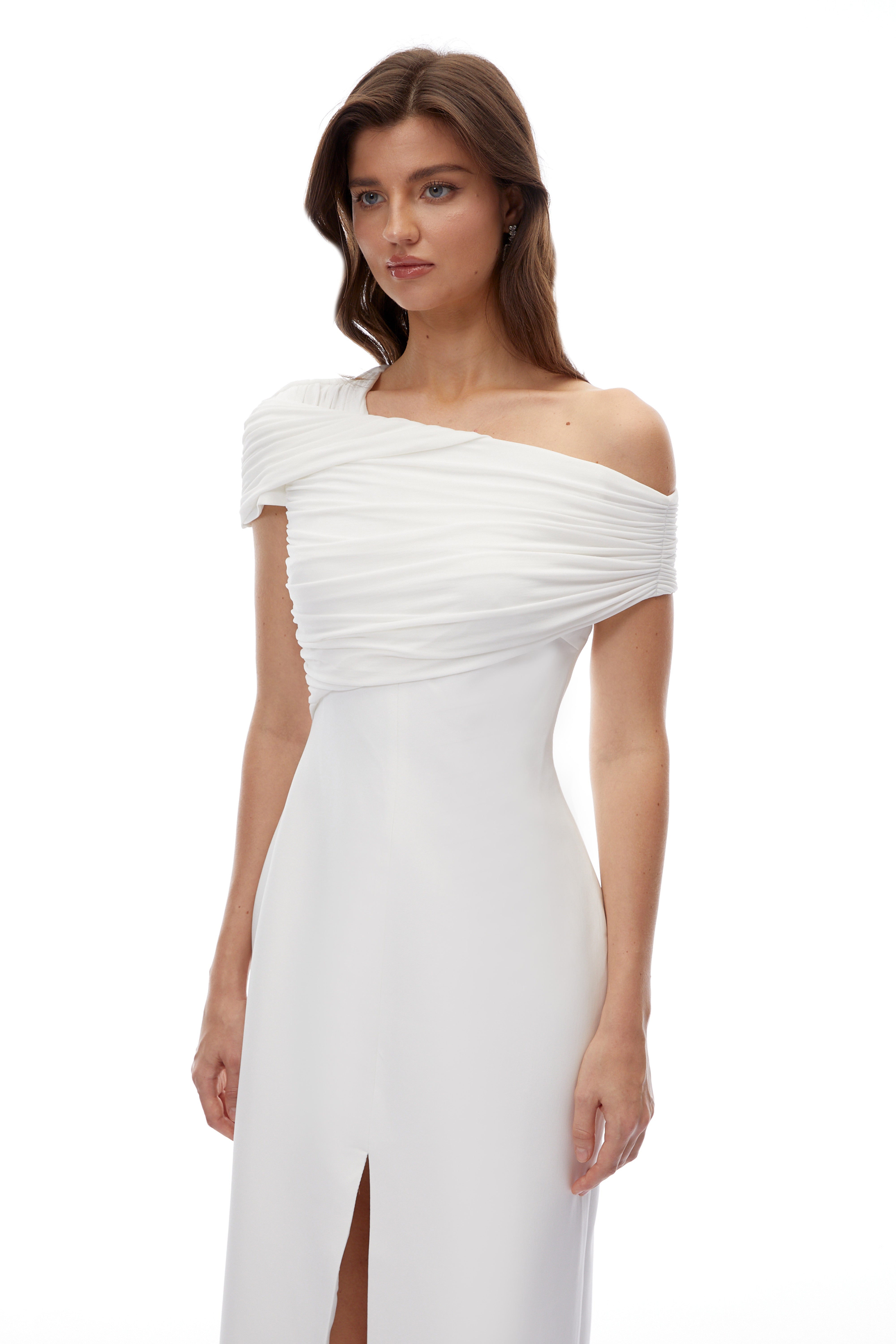 Daniela White One Shoulder Ruched Maxi Dress